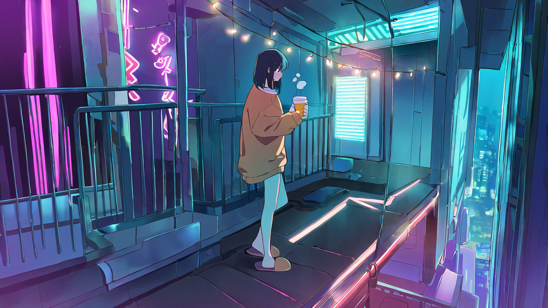 cyberpunk girl balcony lofi wallpaper