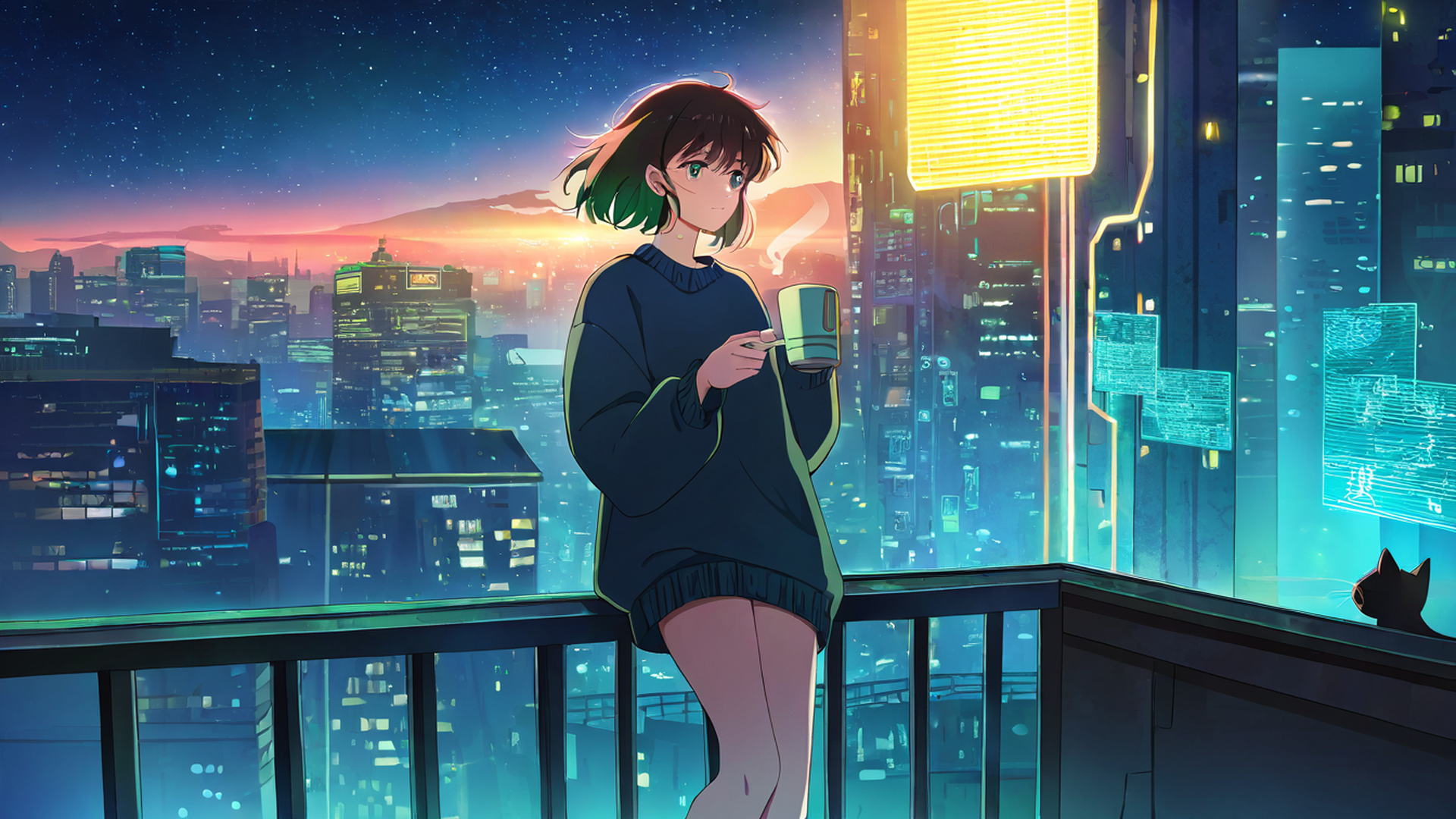 cyberpunk girl balcony lofi wallpaper