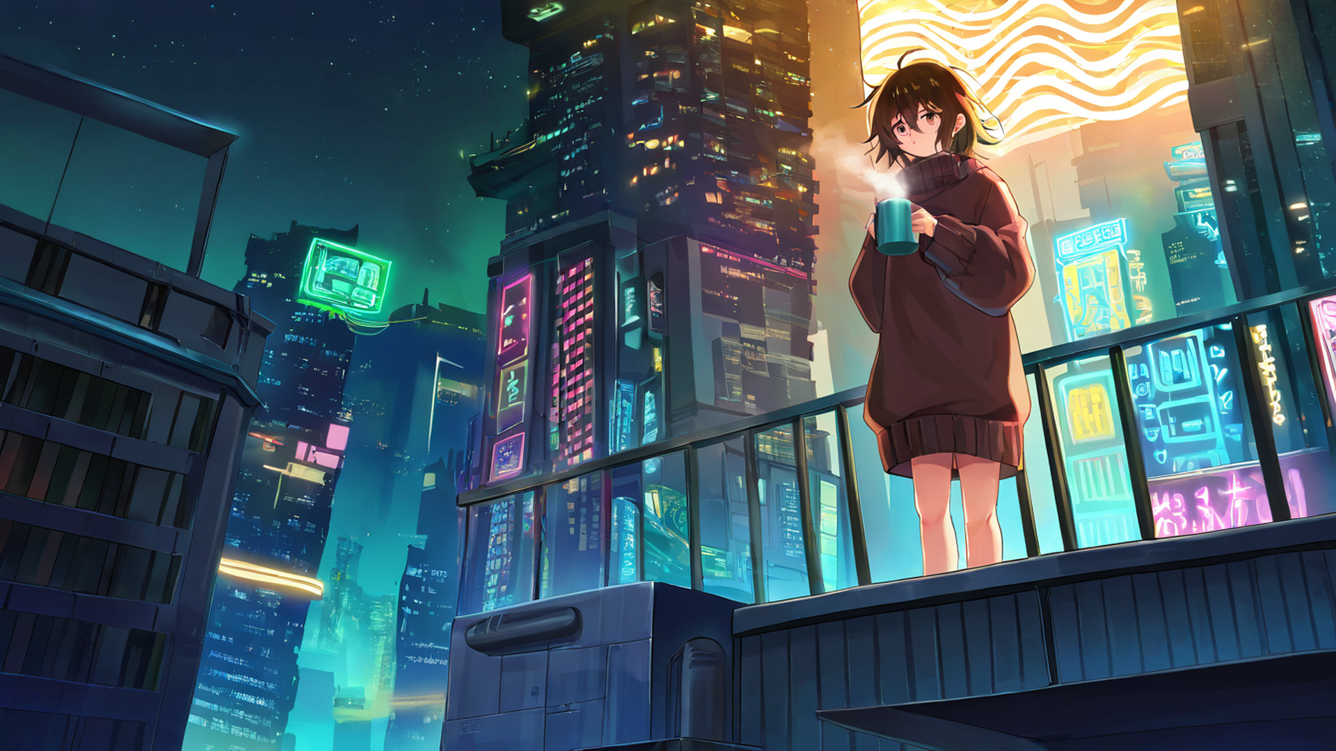 cyberpunk girl balcony lofi wallpaper