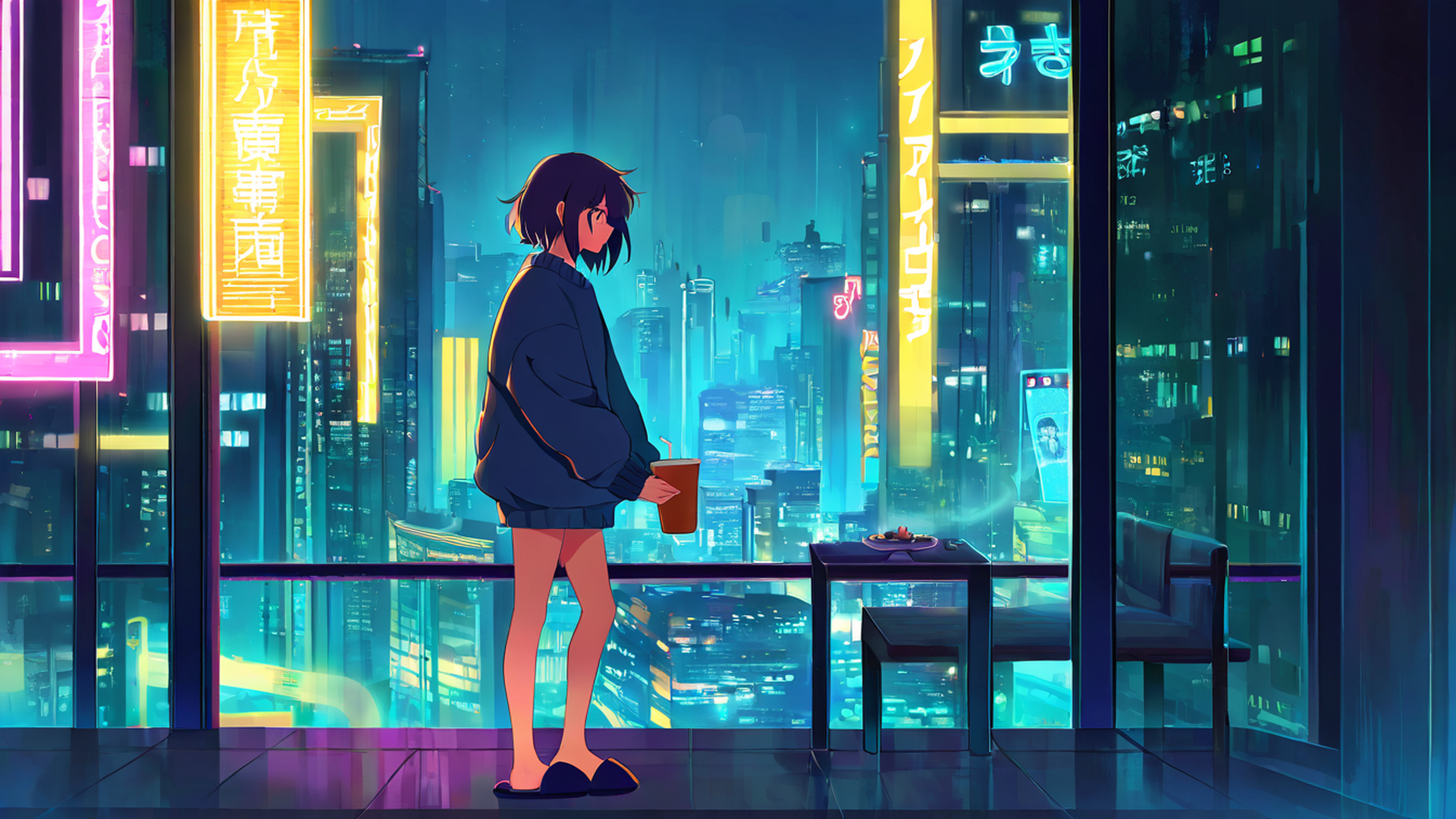 cyberpunk girl balcony lofi wallpaper