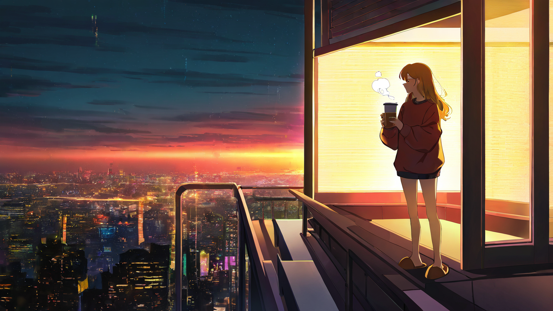 cyberpunk girl balcony lofi wallpaper