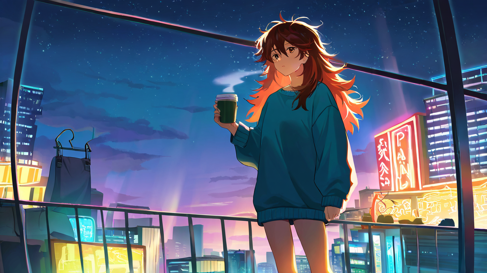 cyberpunk girl balcony lofi wallpaper