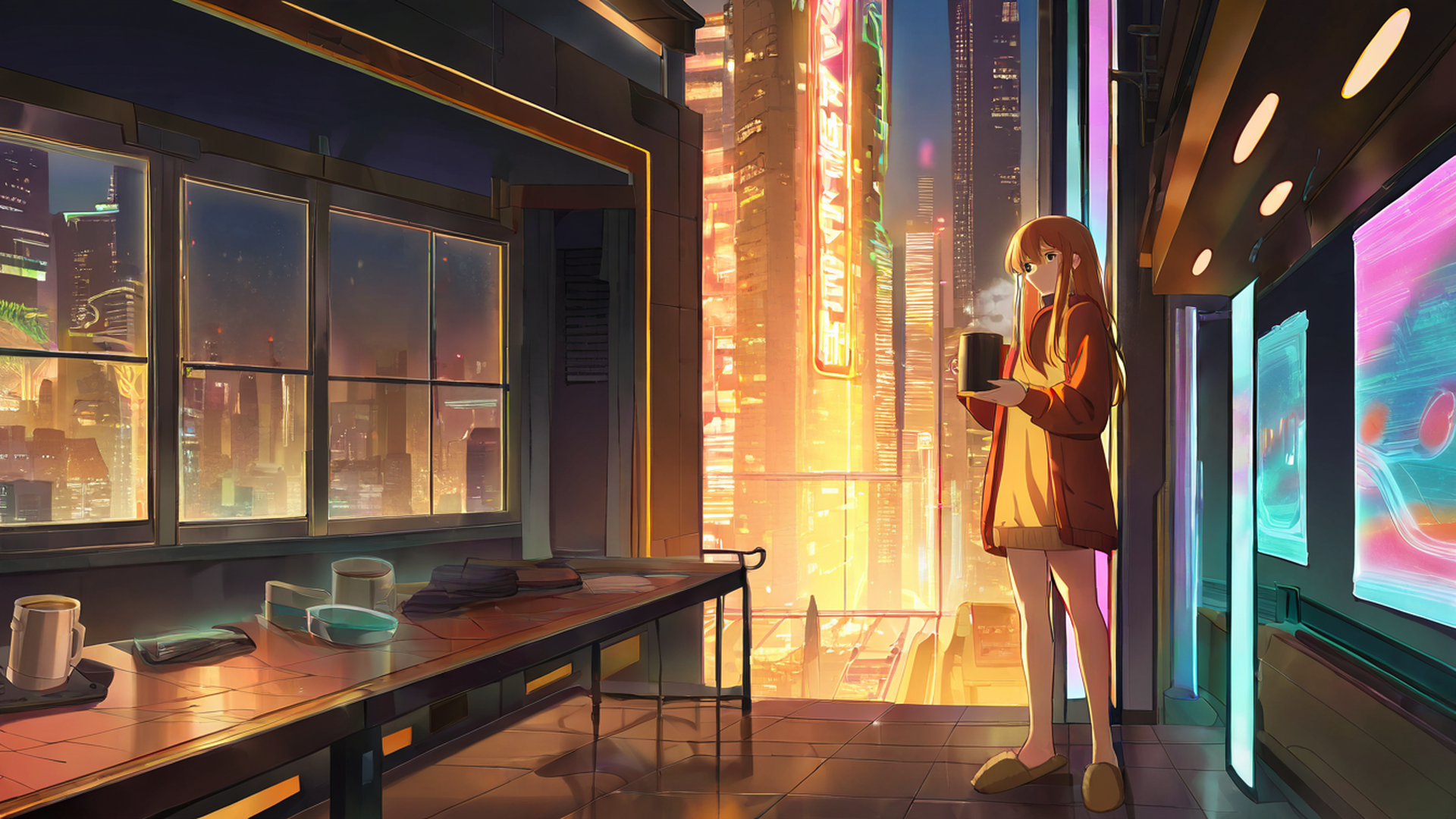 cyberpunk girl balcony lofi wallpaper