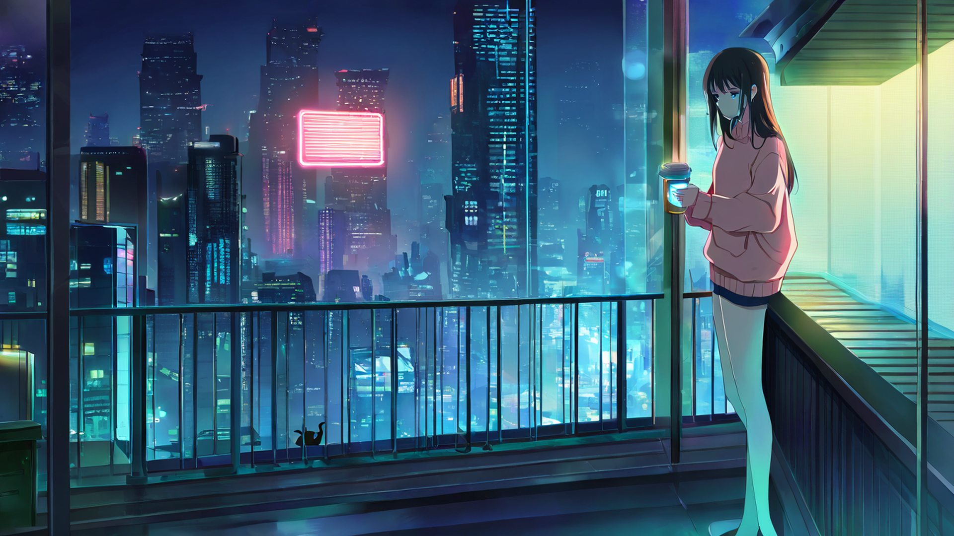 cyberpunk girl balcony lofi wallpaper