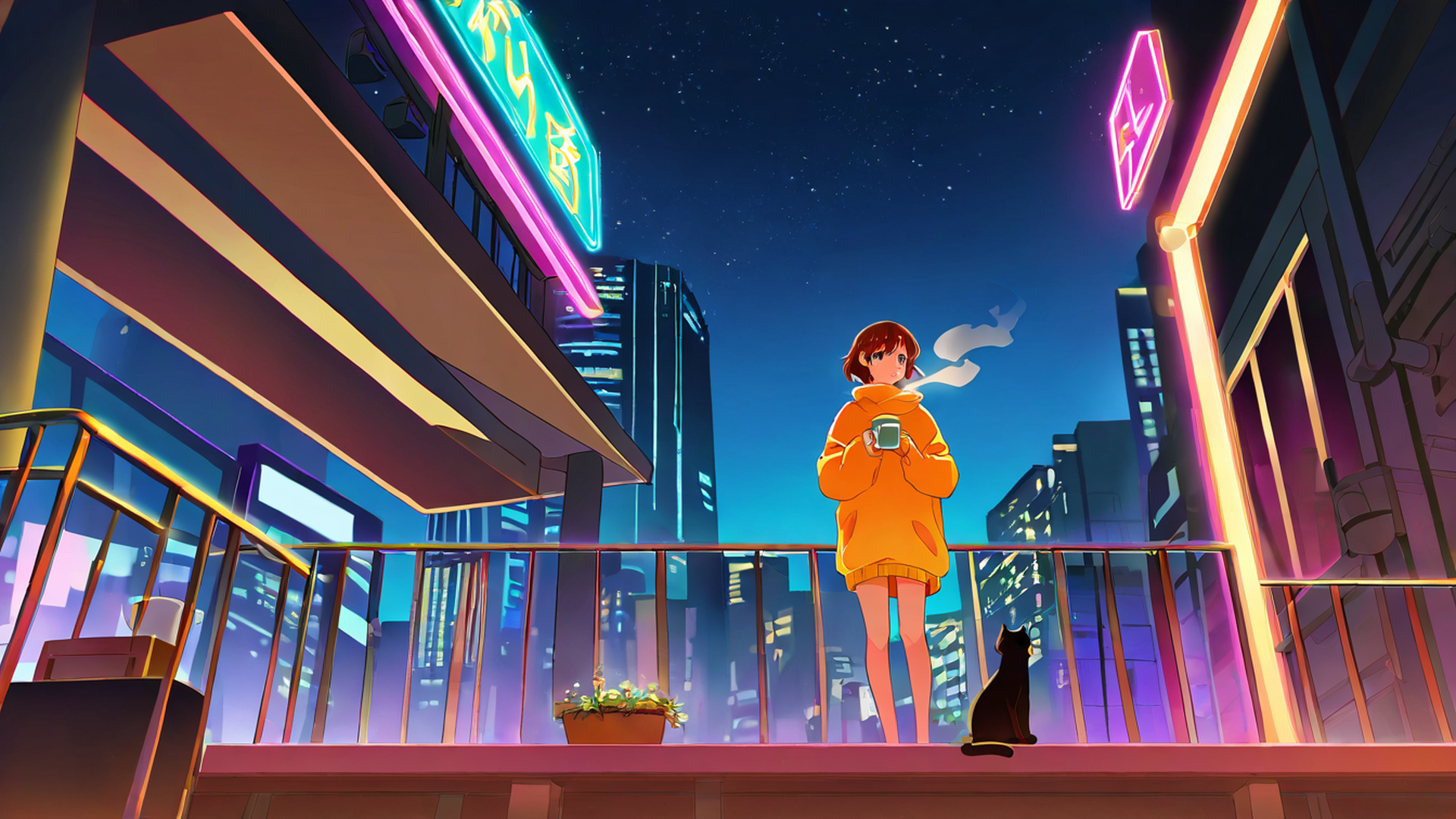 cyberpunk girl balcony lofi wallpaper