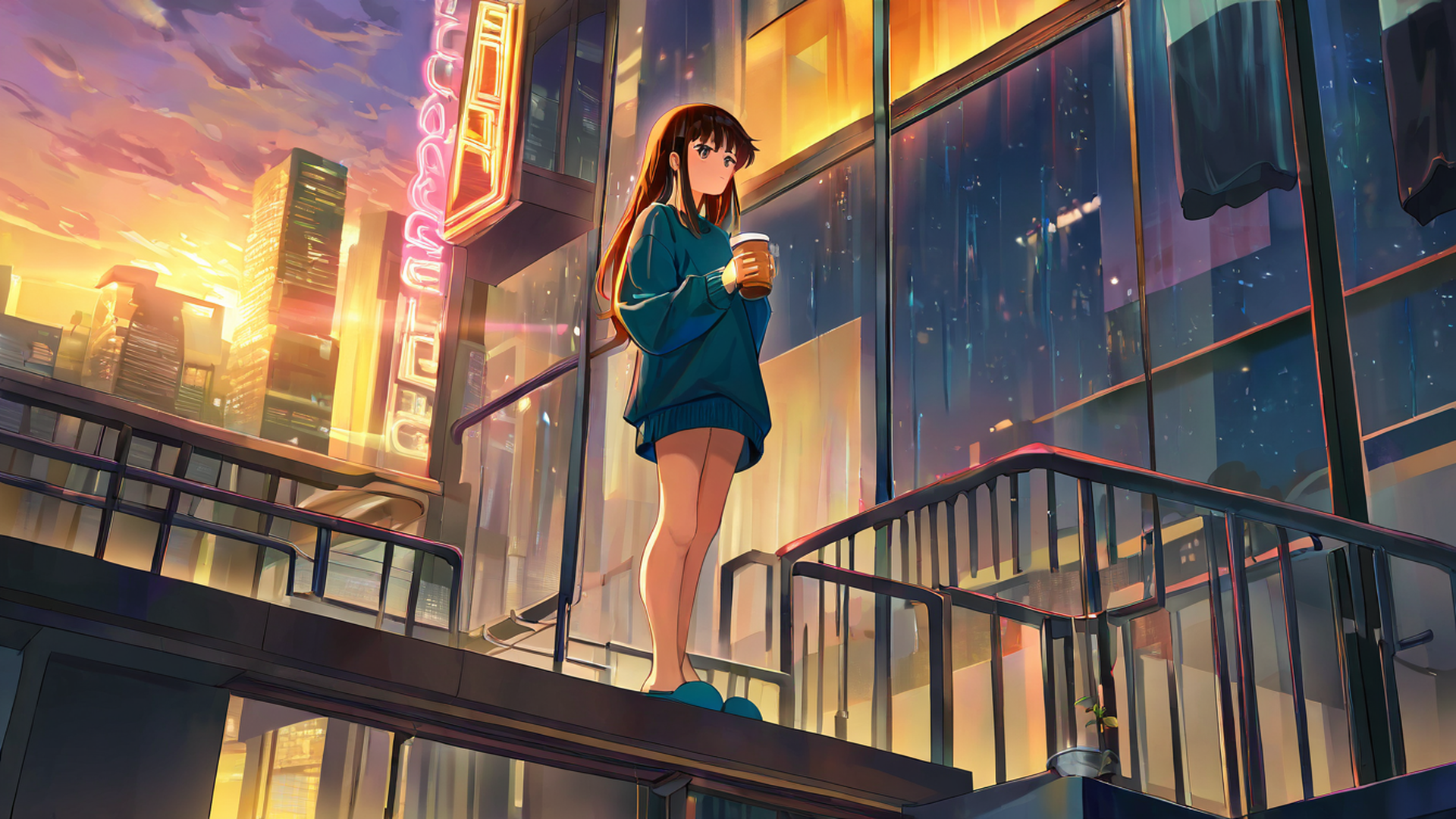 cyberpunk girl balcony lofi wallpaper