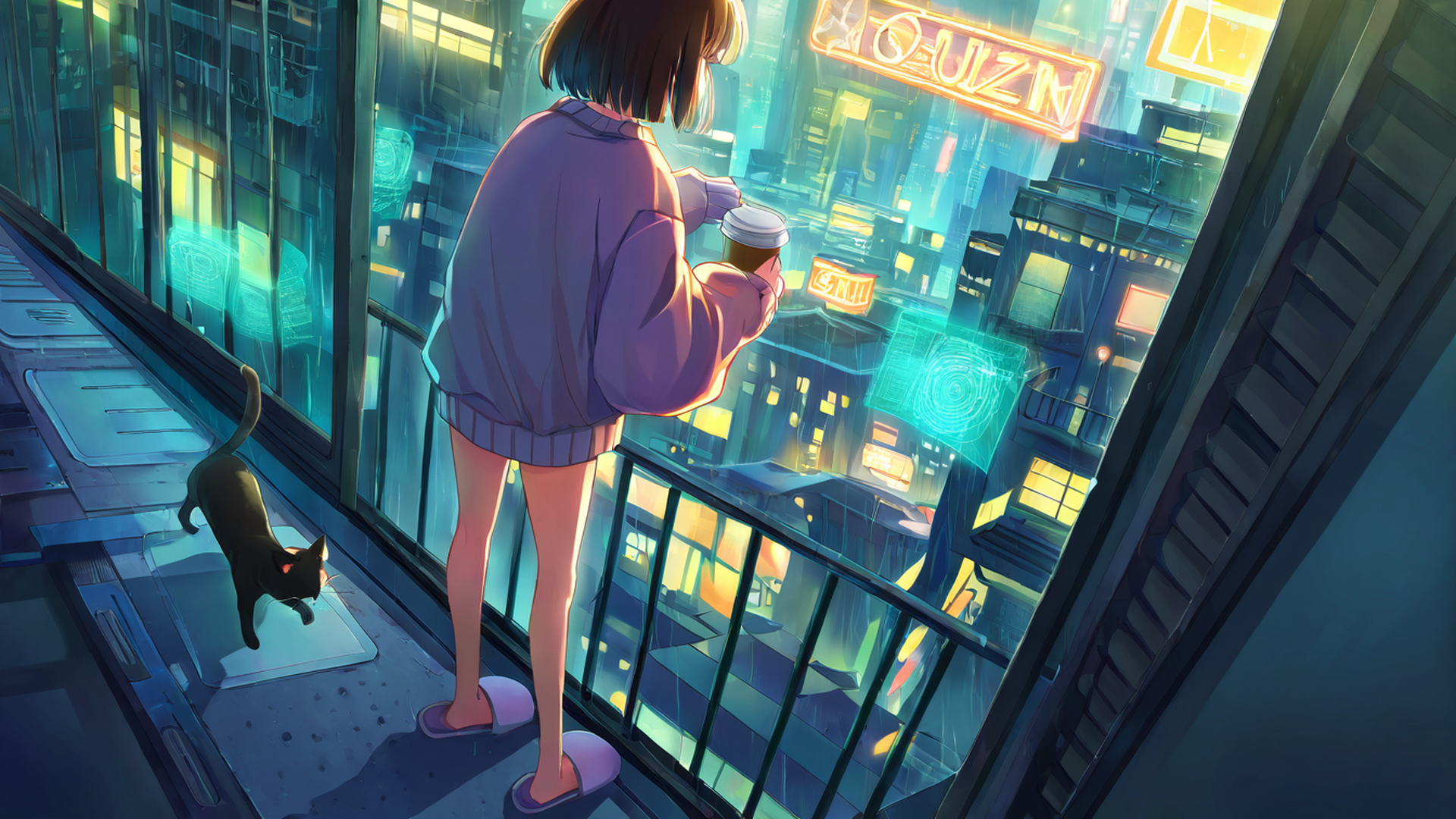 cyberpunk girl balcony lofi wallpaper