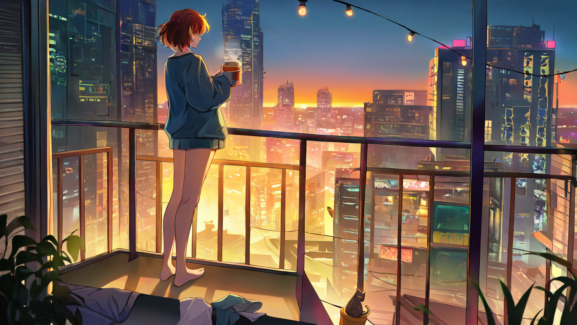 cyberpunk girl balcony lofi wallpaper