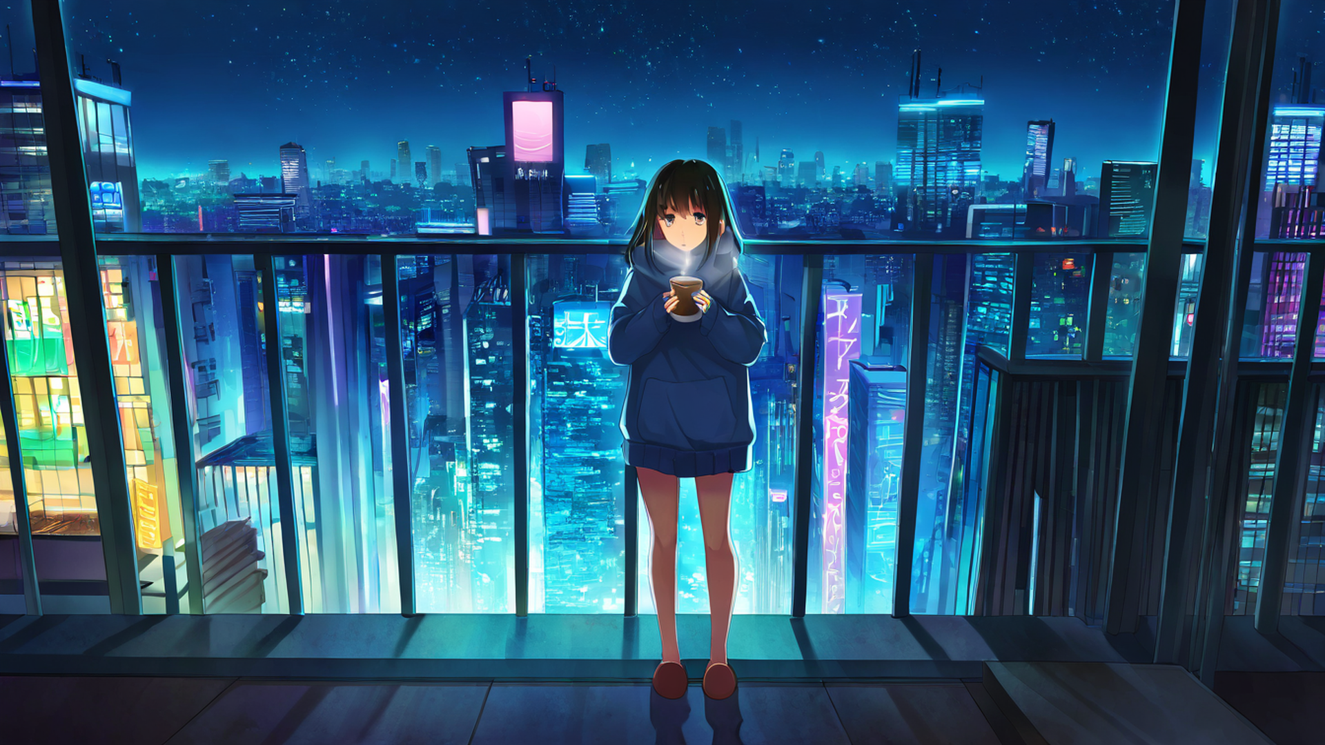 cyberpunk girl balcony lofi wallpaper