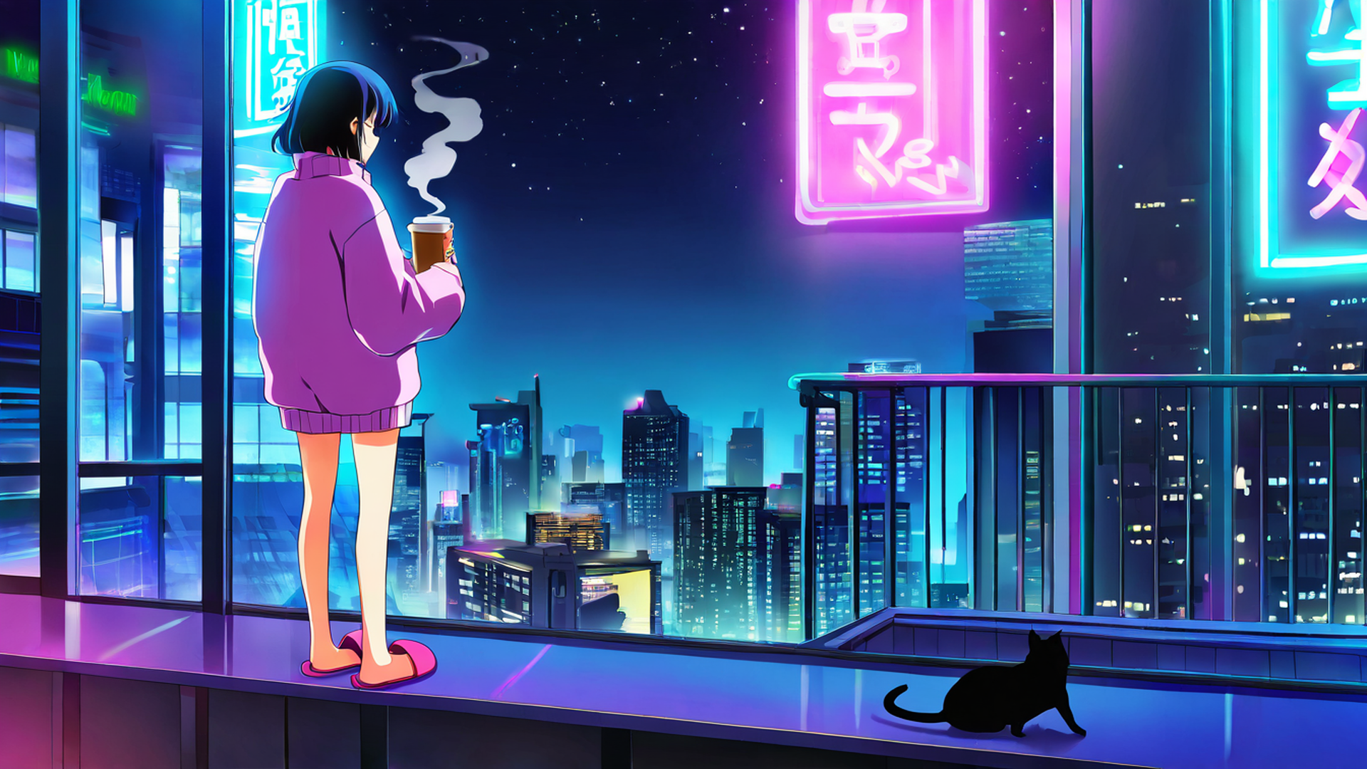 cyberpunk girl balcony lofi wallpaper