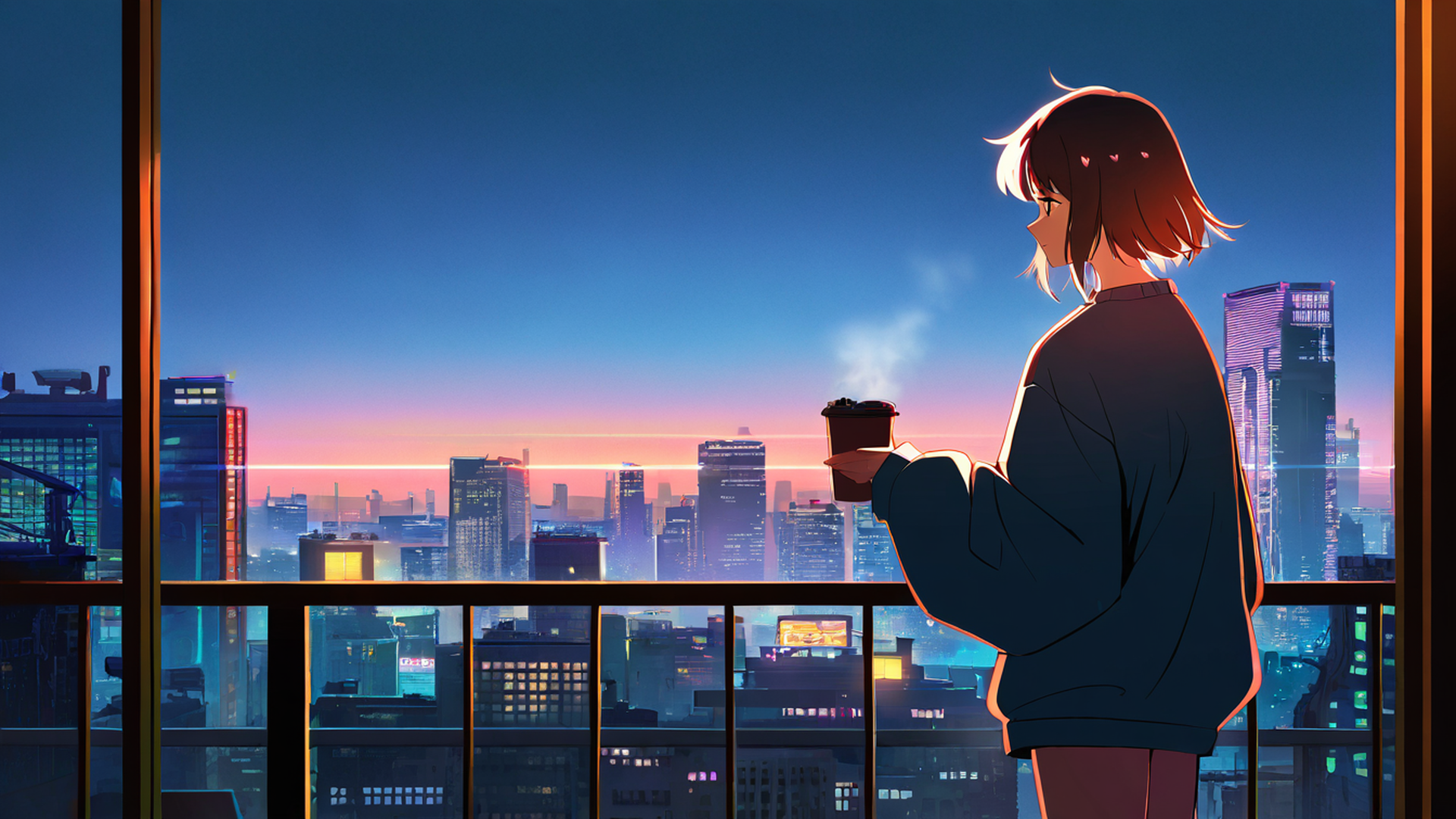 cyberpunk girl balcony lofi wallpaper