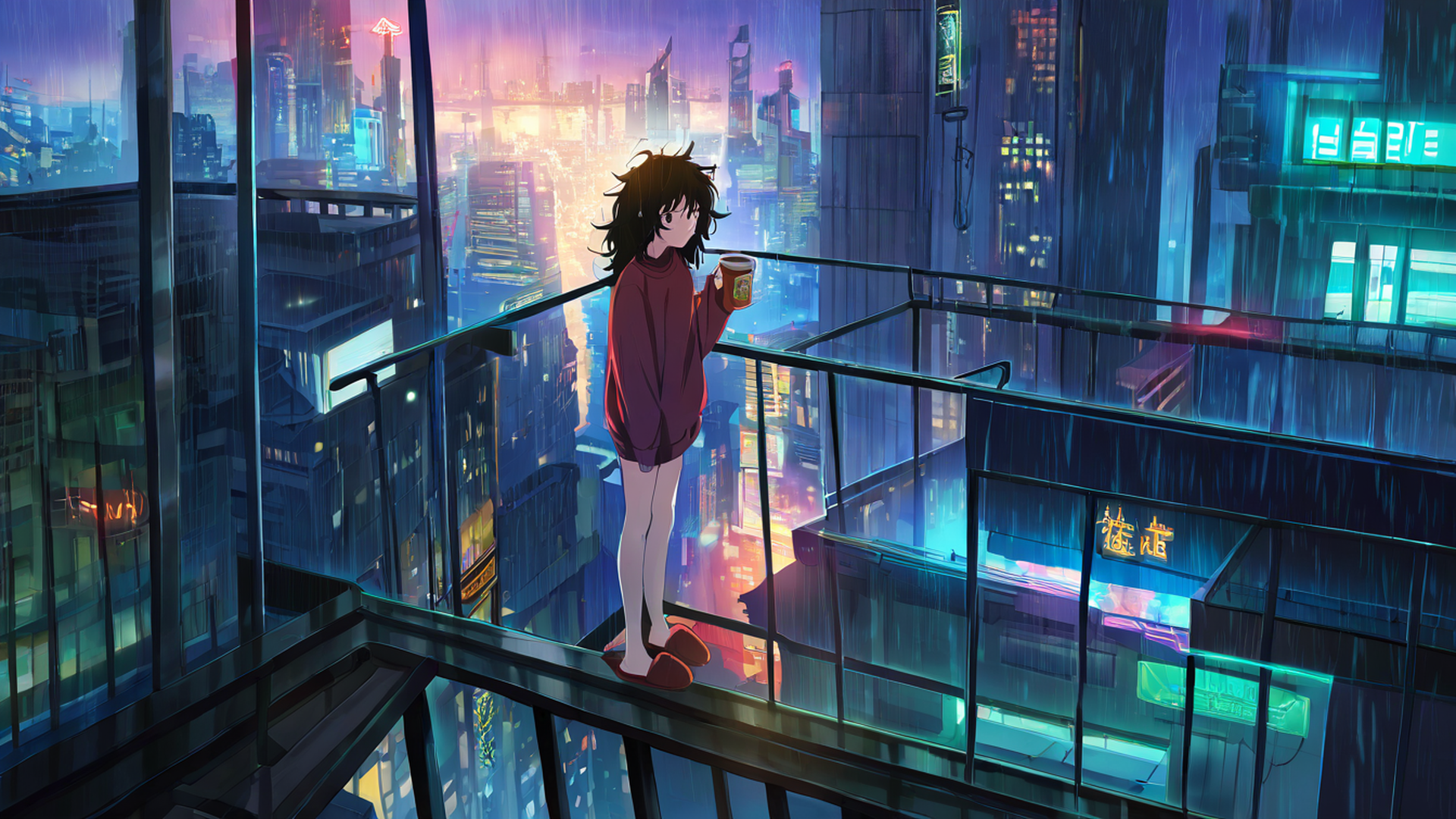 cyberpunk girl balcony lofi wallpaper