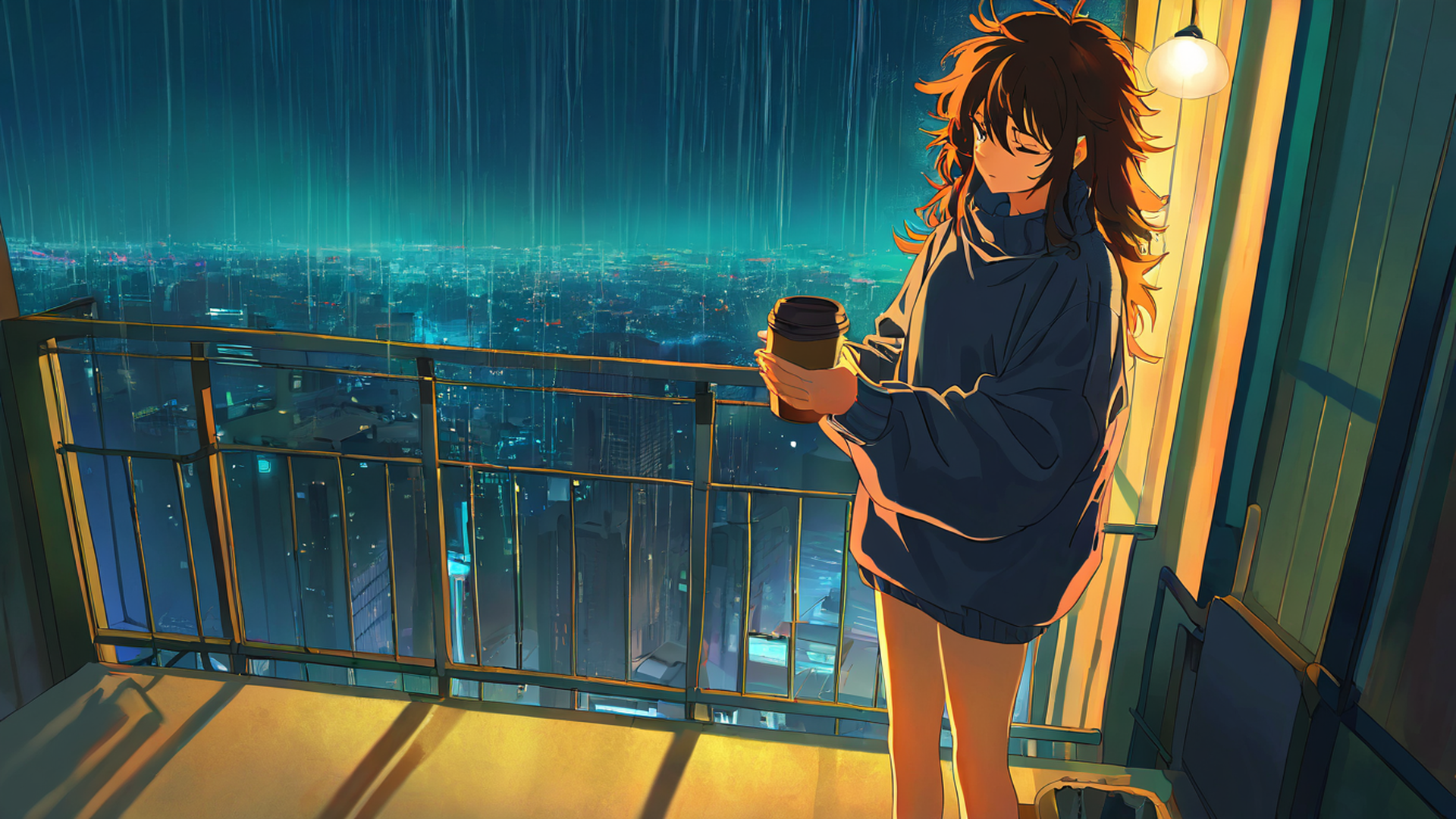 cyberpunk girl balcony lofi wallpaper