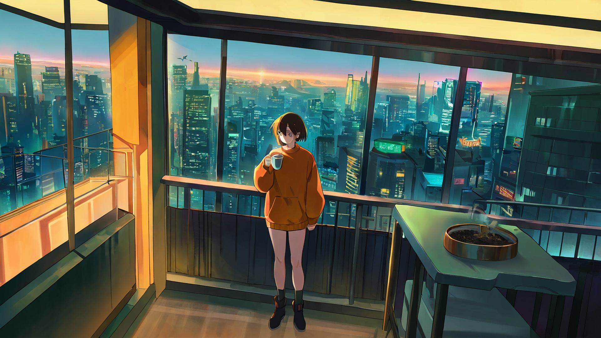 cyberpunk girl balcony lofi wallpaper