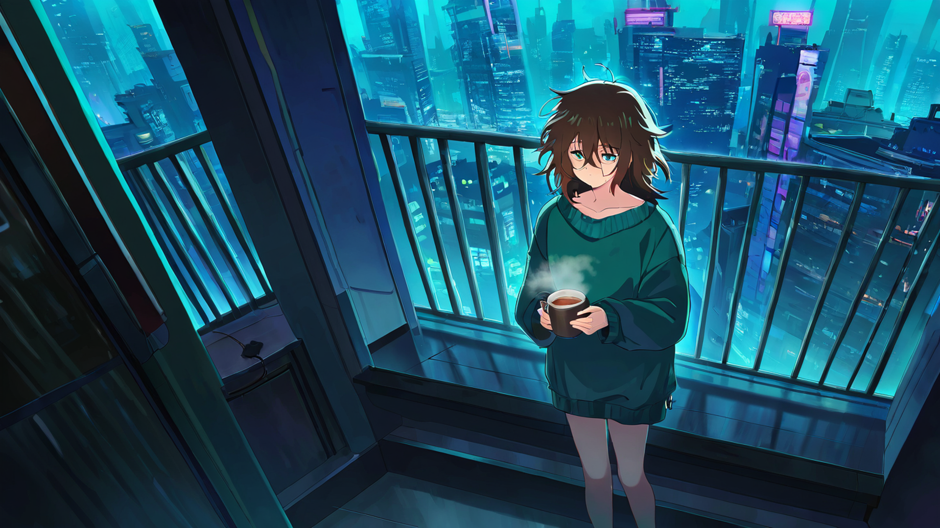 cyberpunk girl balcony lofi wallpaper