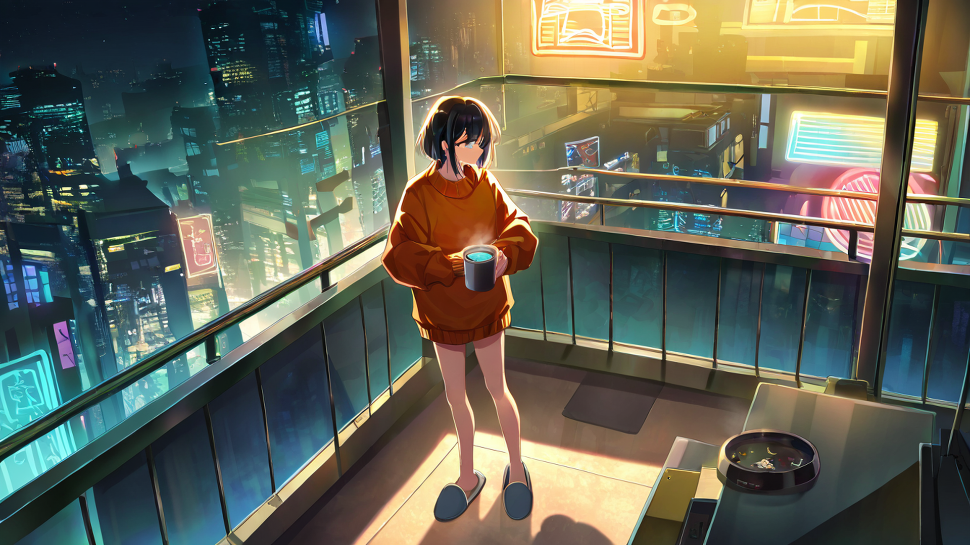 cyberpunk girl balcony lofi wallpaper