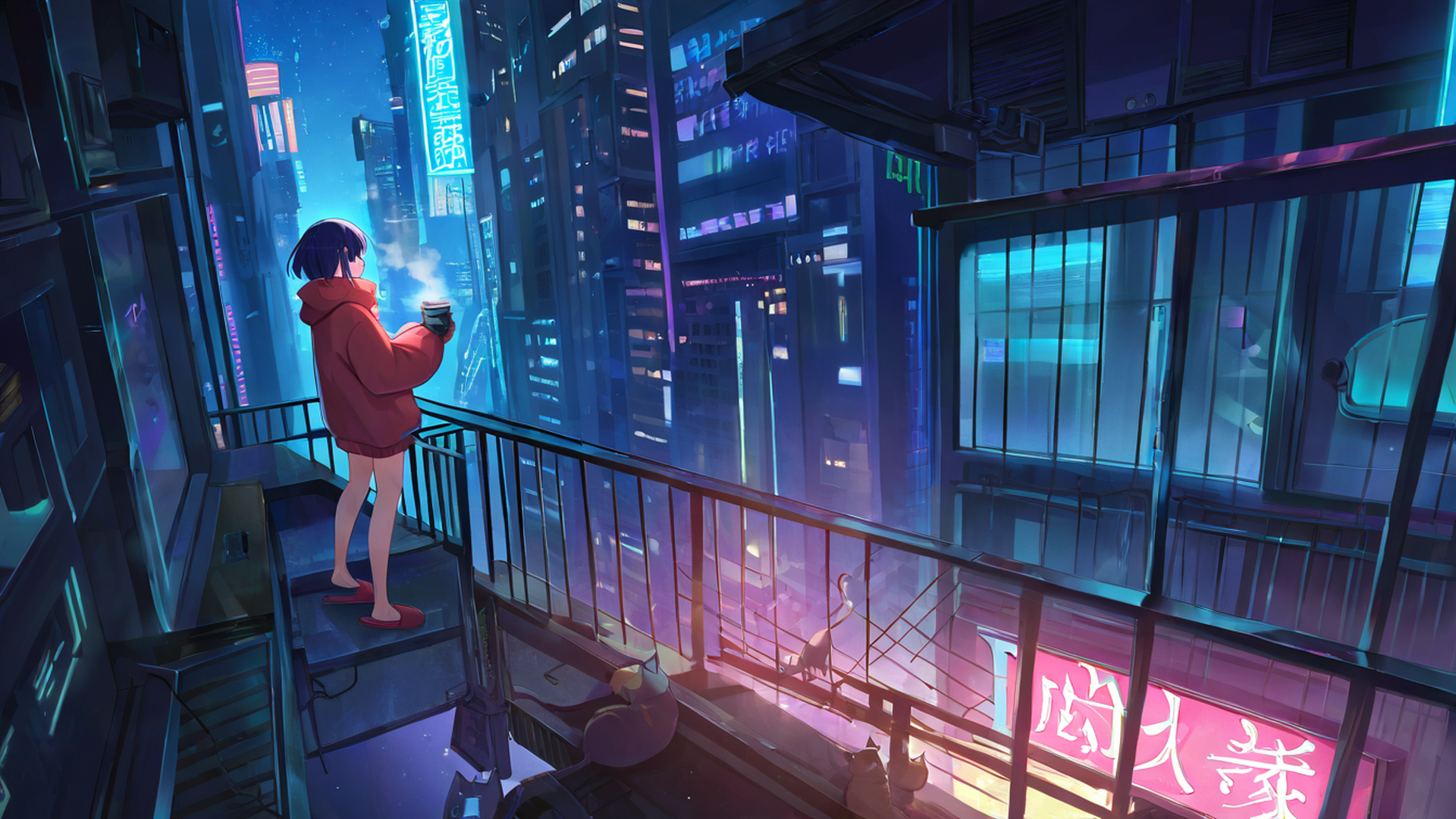 cyberpunk girl balcony lofi wallpaper