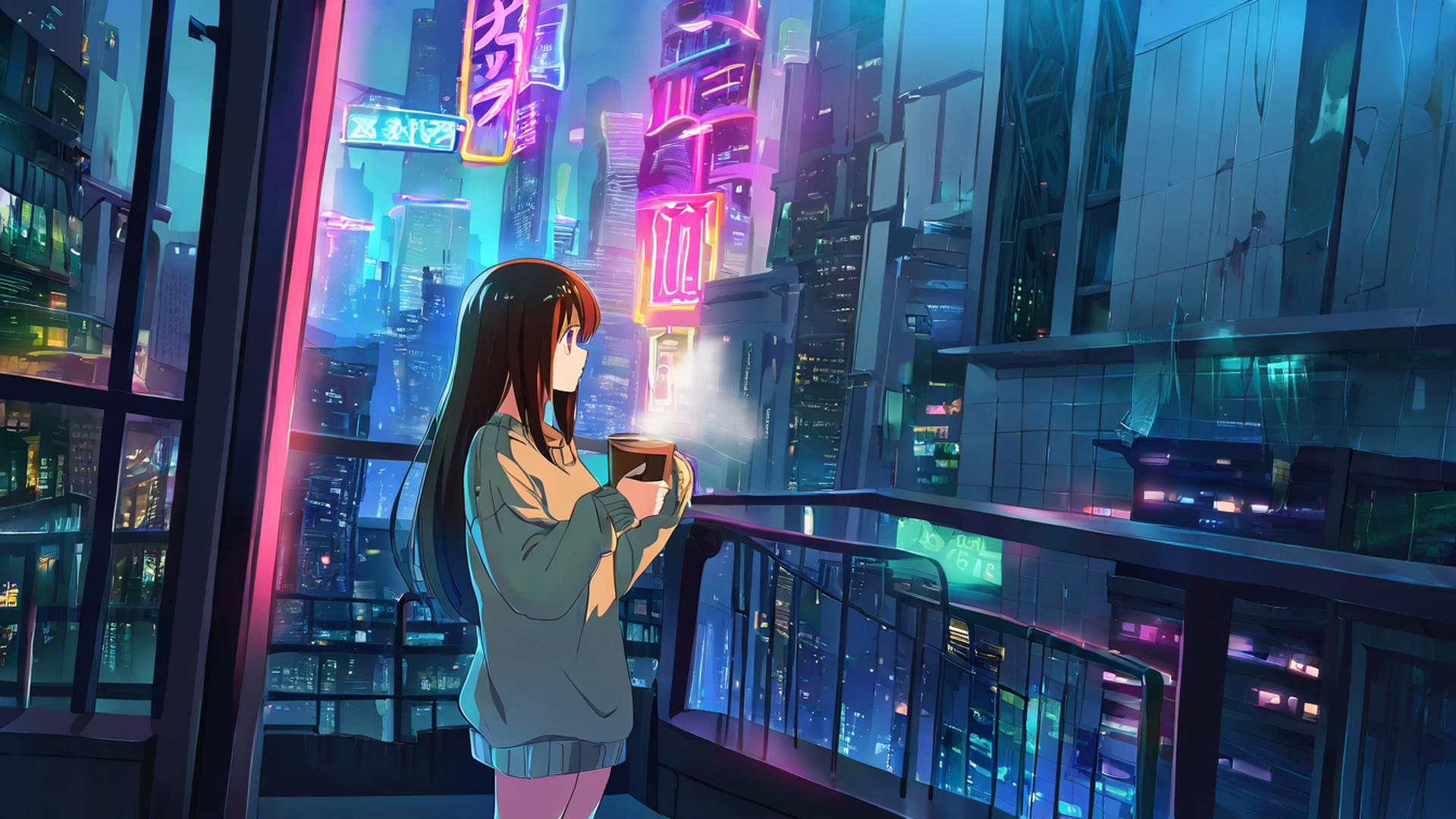 cyberpunk girl balcony lofi wallpaper