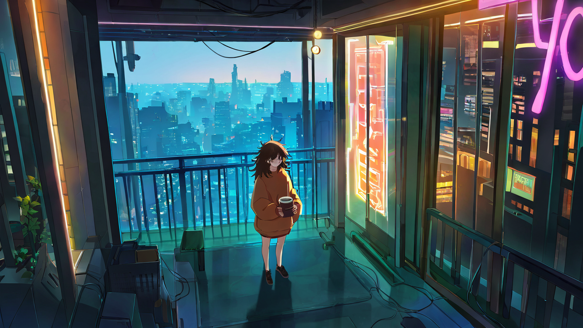 cyberpunk girl balcony lofi wallpaper