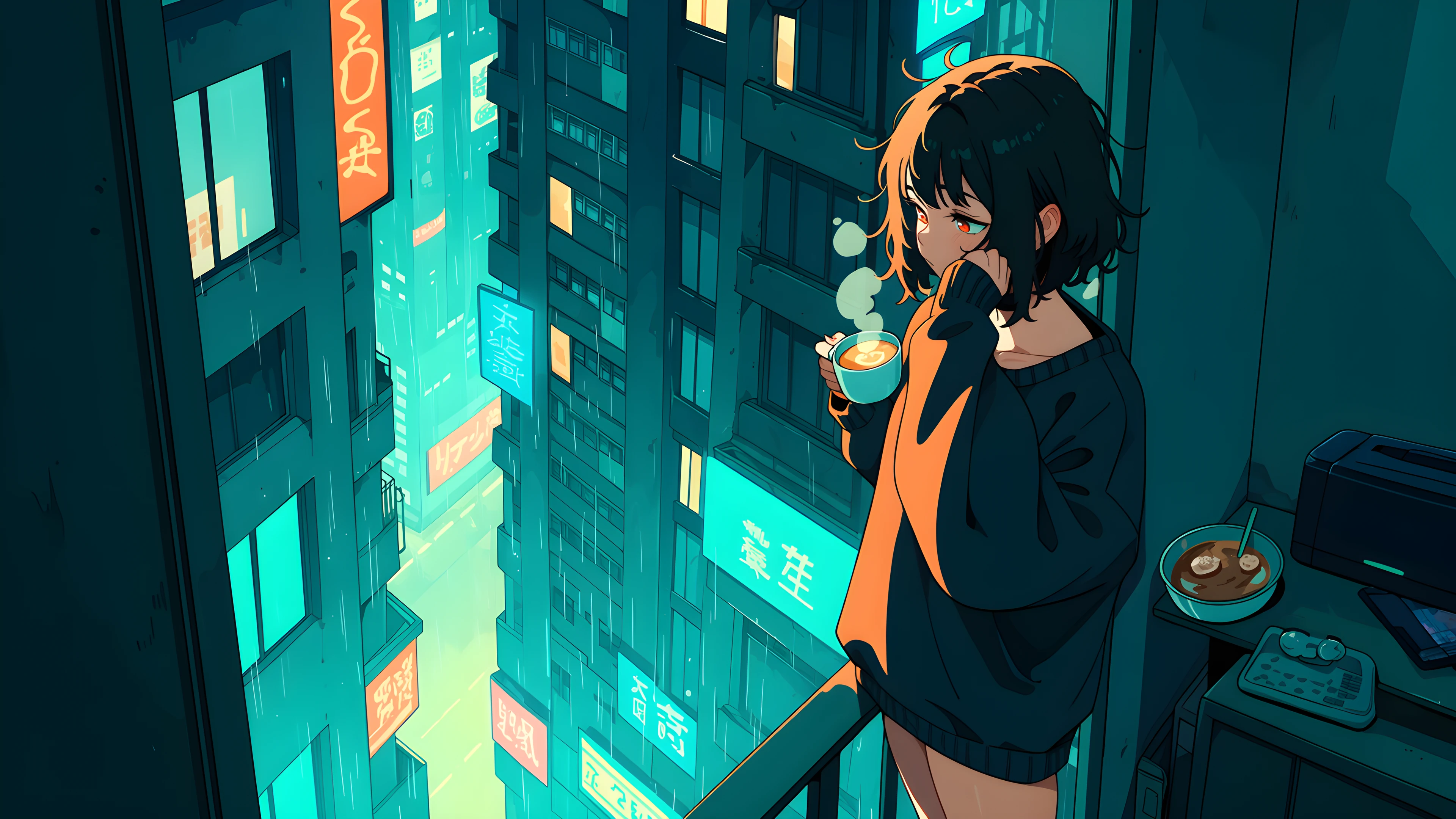 Cyberpunk Girl Balcony lofi wallpaper