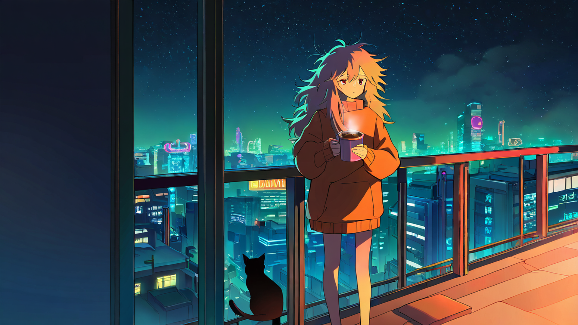 cyberpunk girl balcony lofi wallpaper