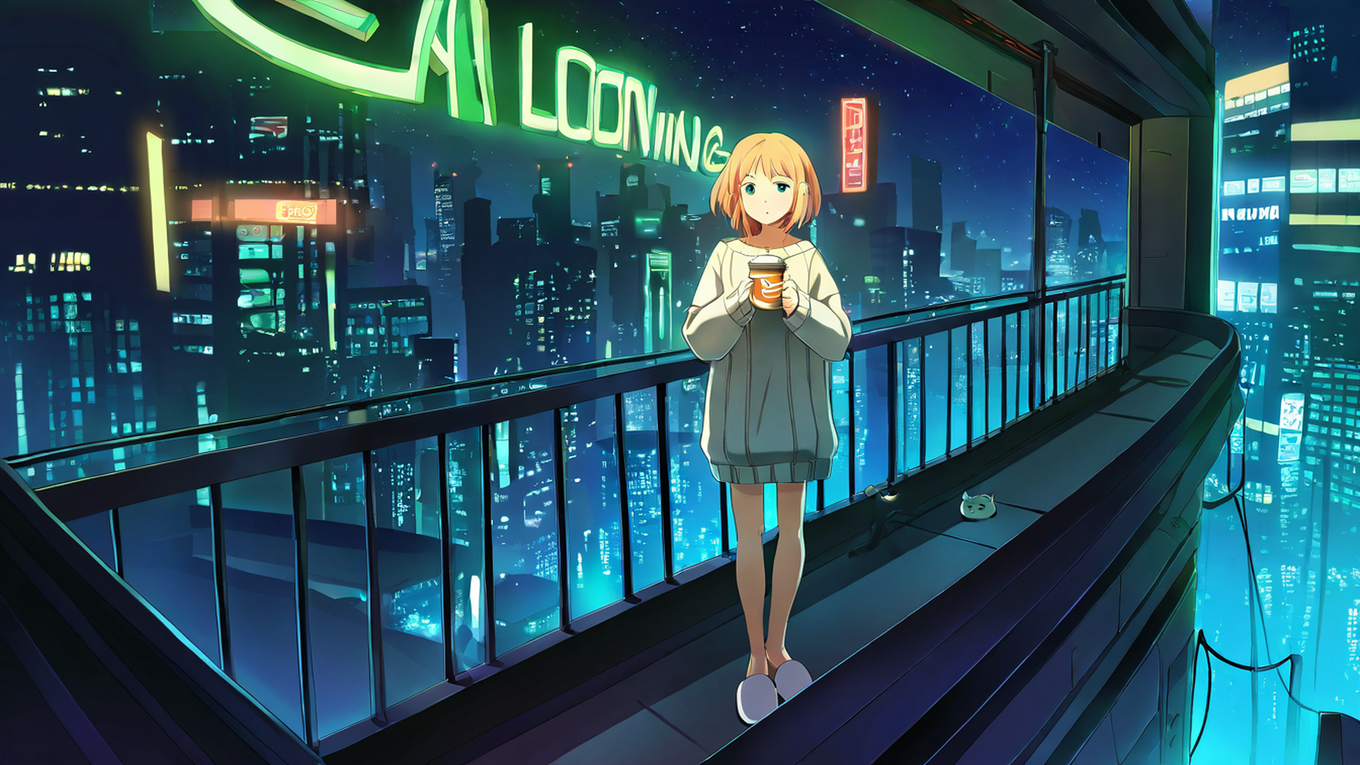 cyberpunk girl balcony lofi wallpaper