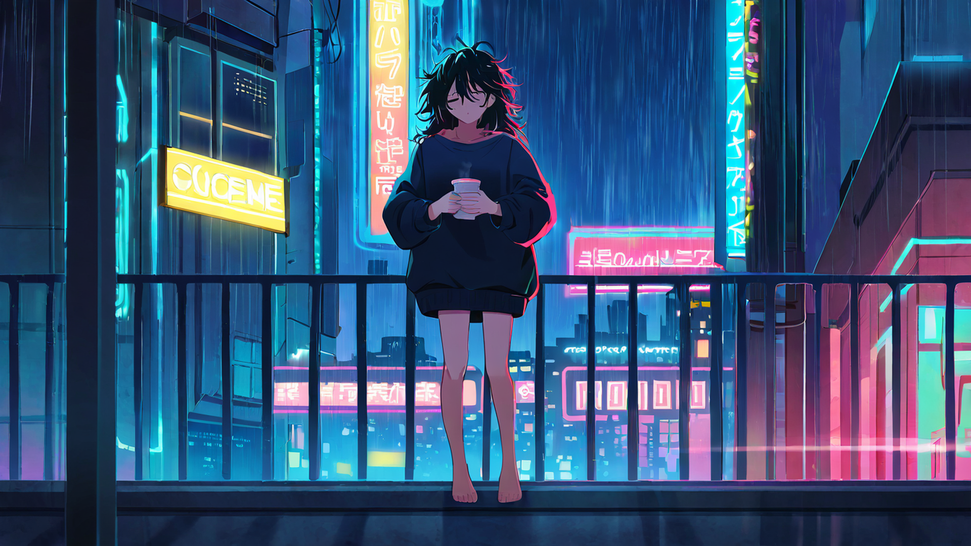 cyberpunk girl balcony lofi wallpaper