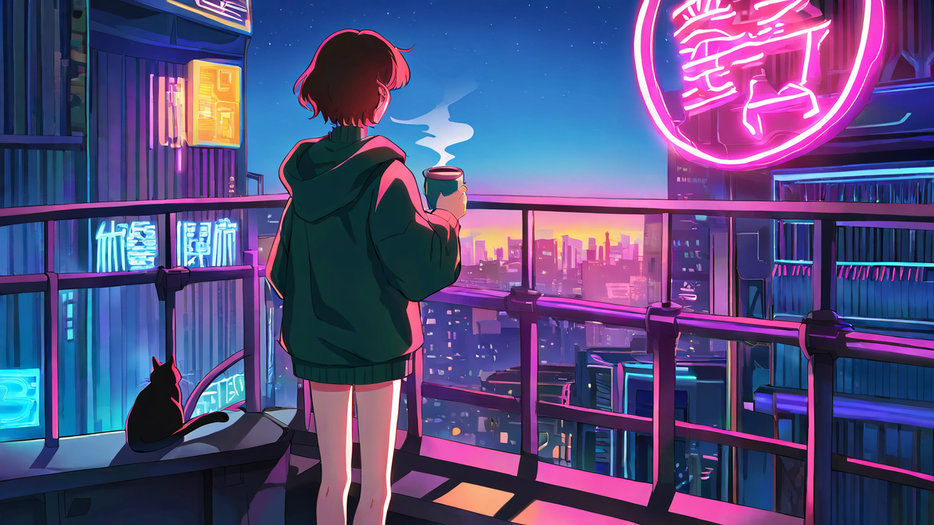 cyberpunk girl balcony lofi wallpaper