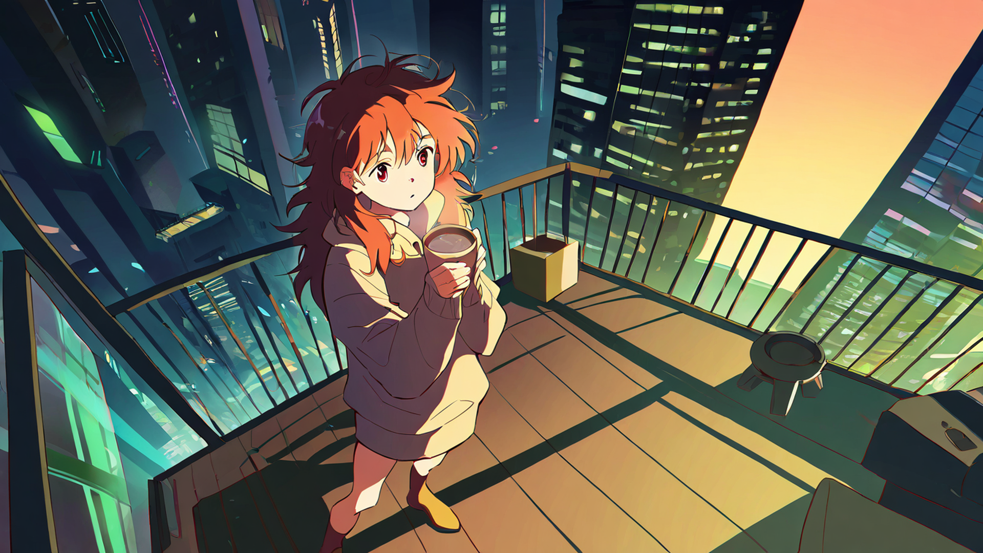 cyberpunk girl balcony lofi wallpaper