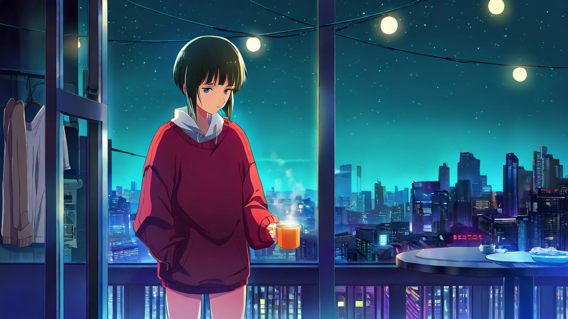 cyberpunk girl balcony lofi wallpaper