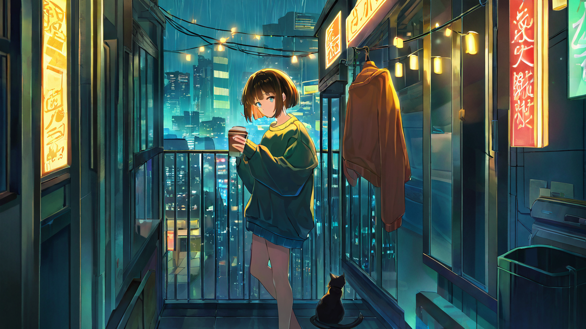 cyberpunk girl balcony lofi wallpaper