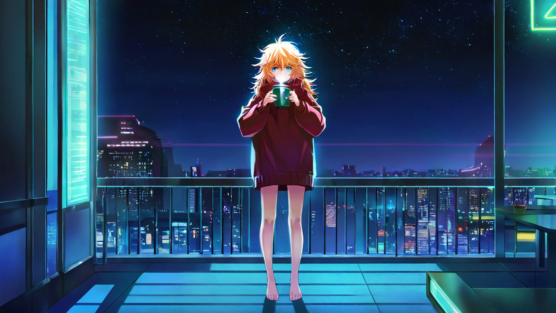 cyberpunk girl balcony lofi wallpaper