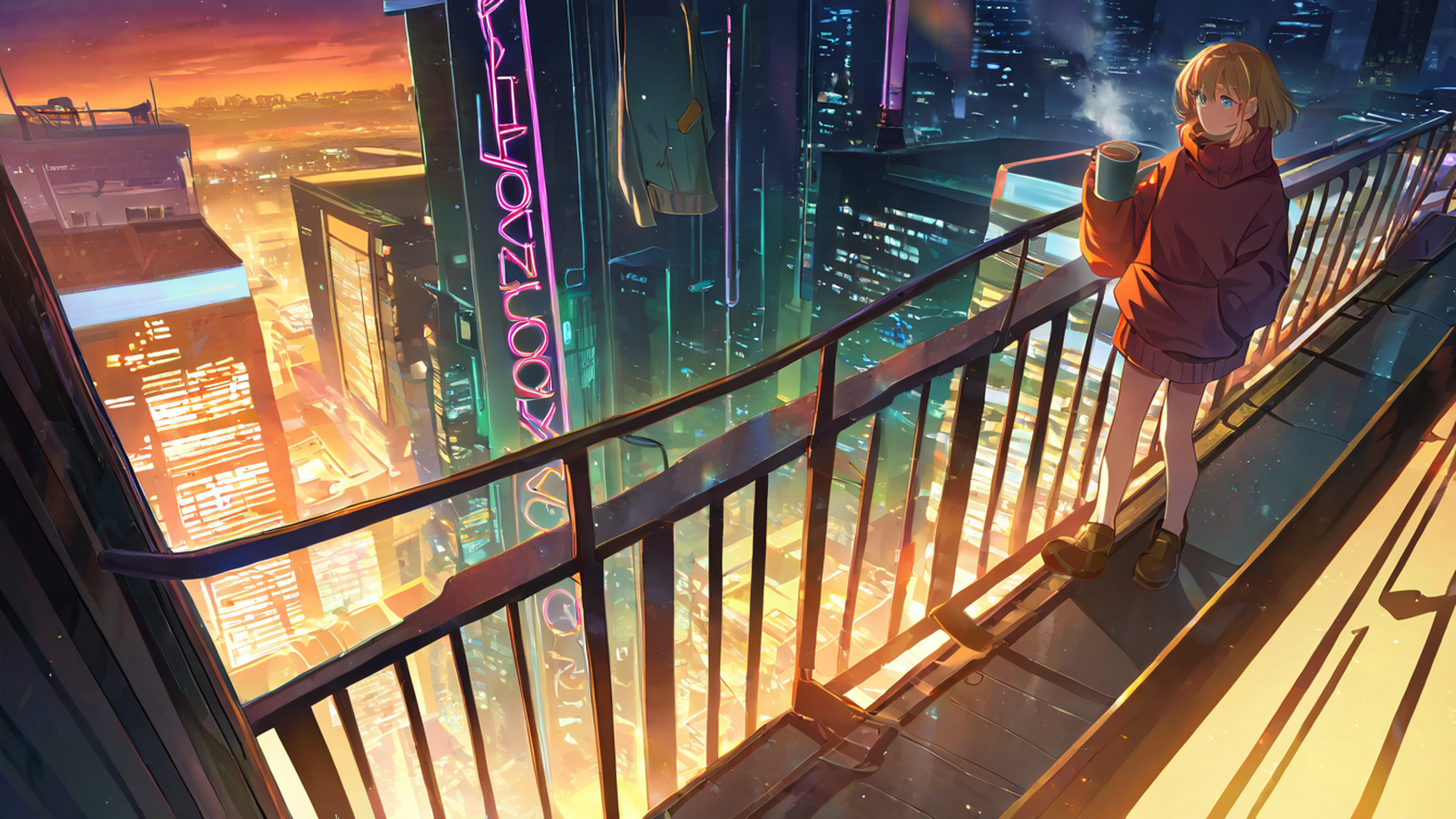 cyberpunk girl balcony lofi wallpaper