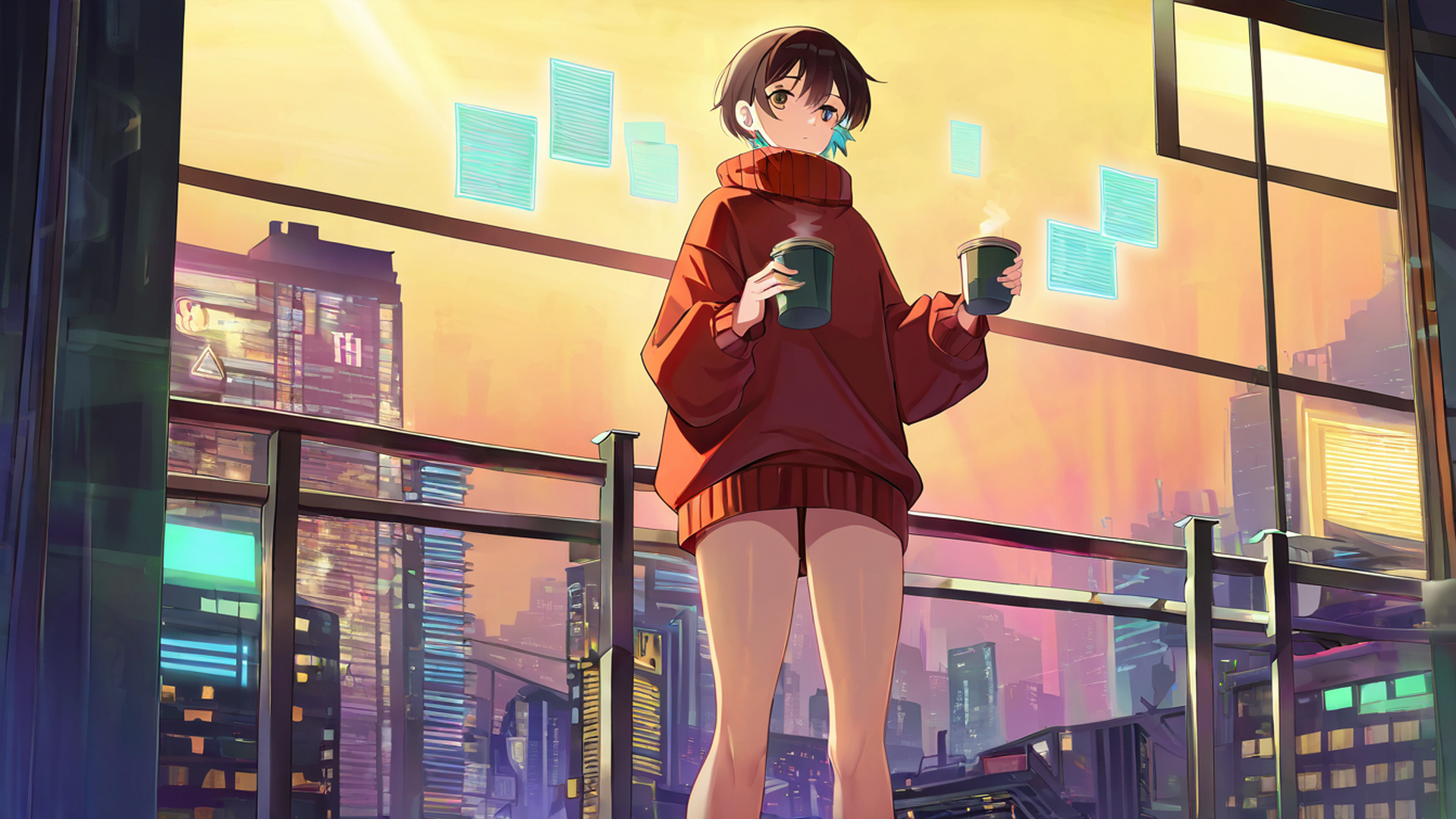 cyberpunk girl balcony lofi wallpaper
