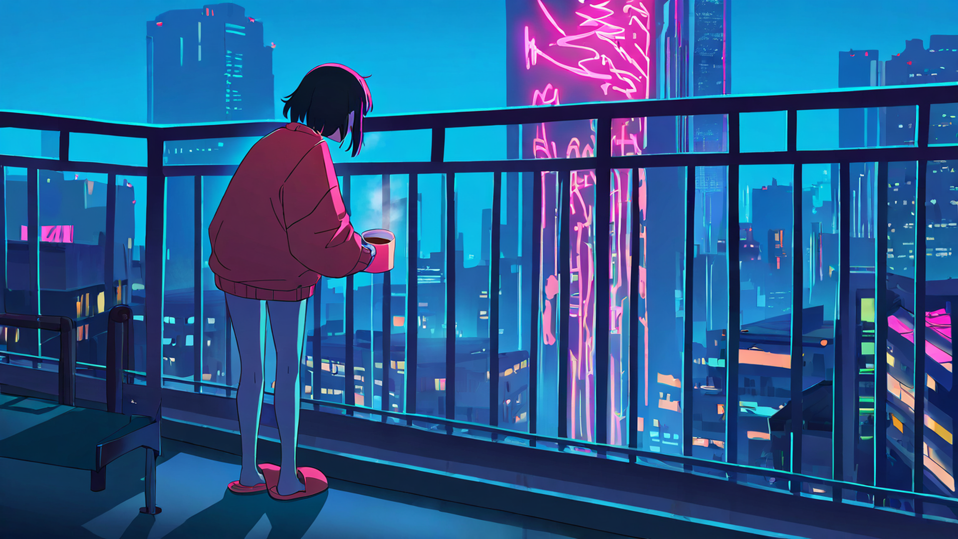 cyberpunk girl balcony lofi wallpaper