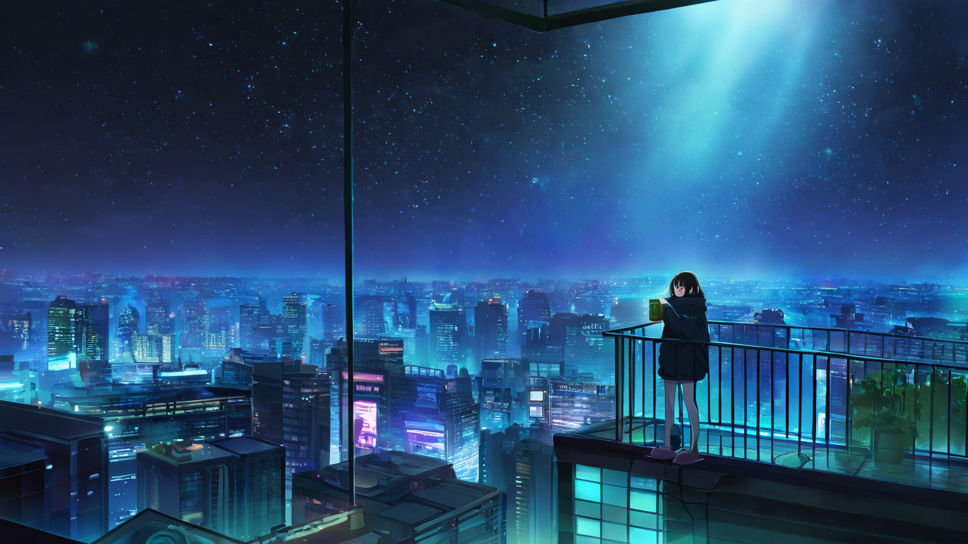 cyberpunk girl balcony lofi wallpaper
