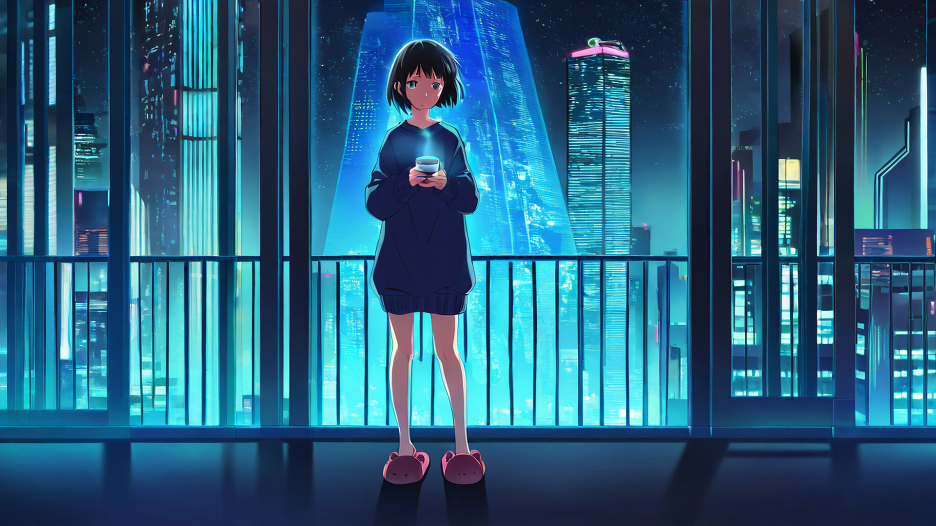 cyberpunk girl balcony lofi wallpaper