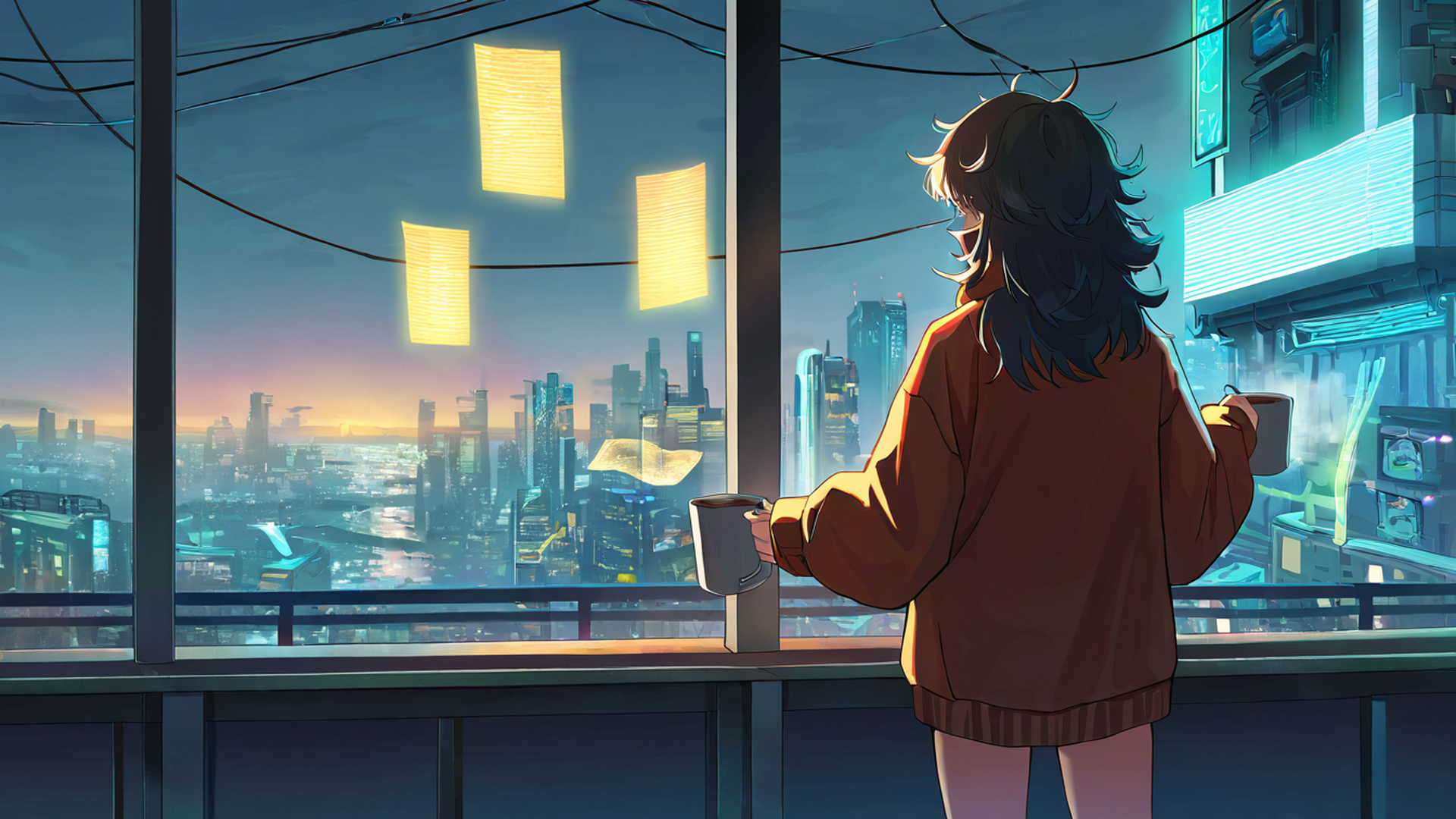 cyberpunk girl balcony lofi wallpaper