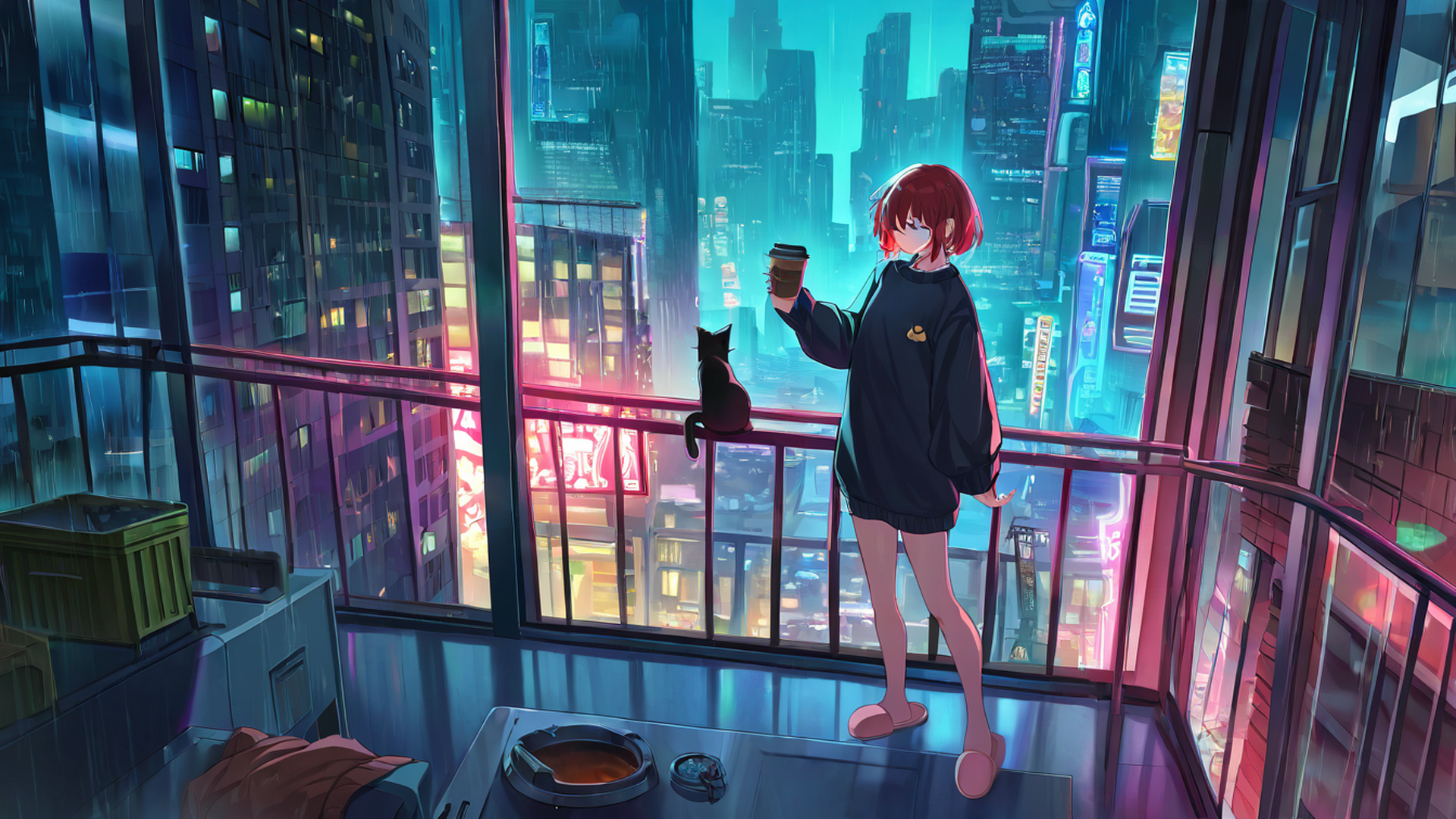 cyberpunk girl balcony lofi wallpaper