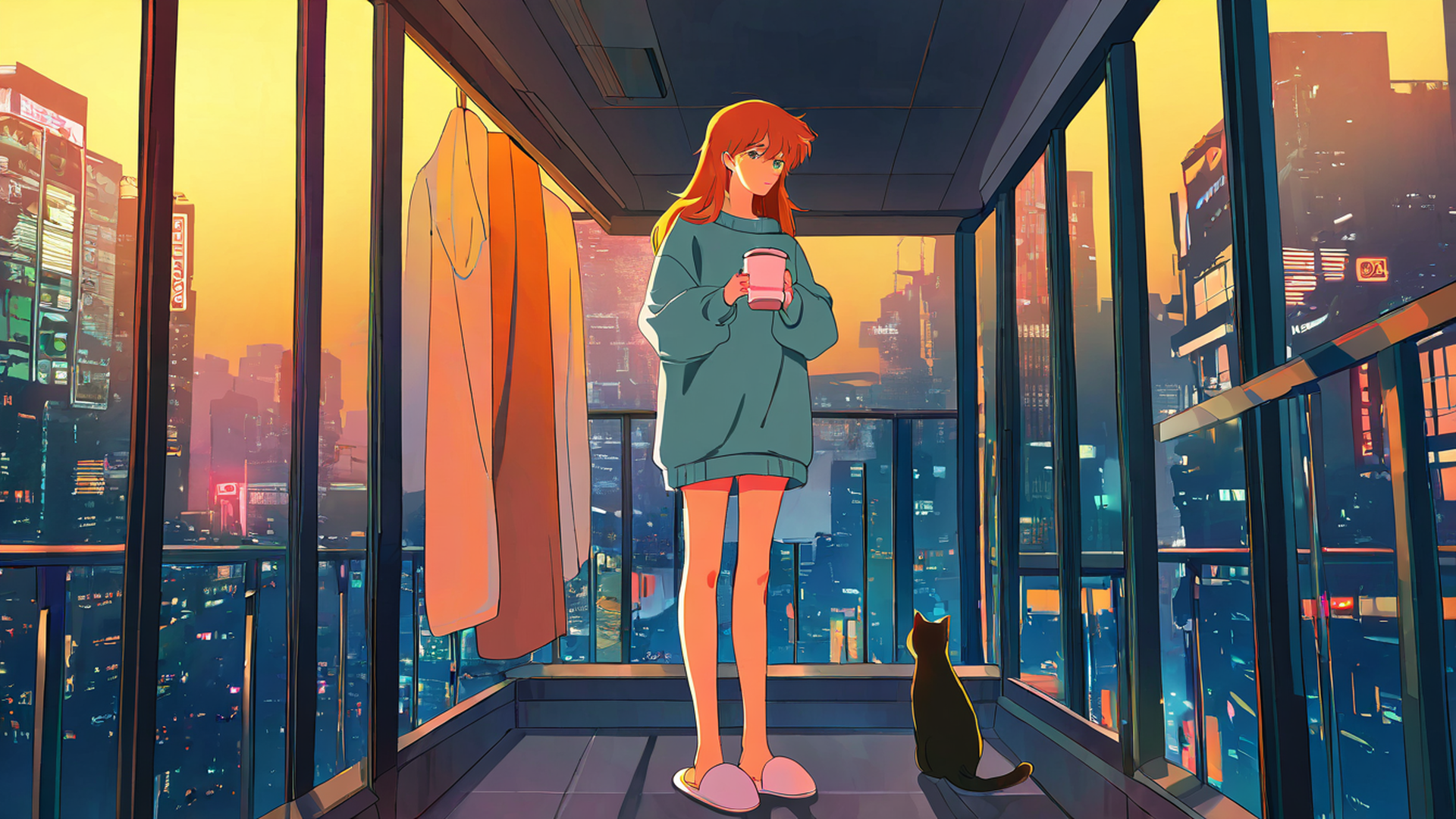 cyberpunk girl balcony lofi wallpaper