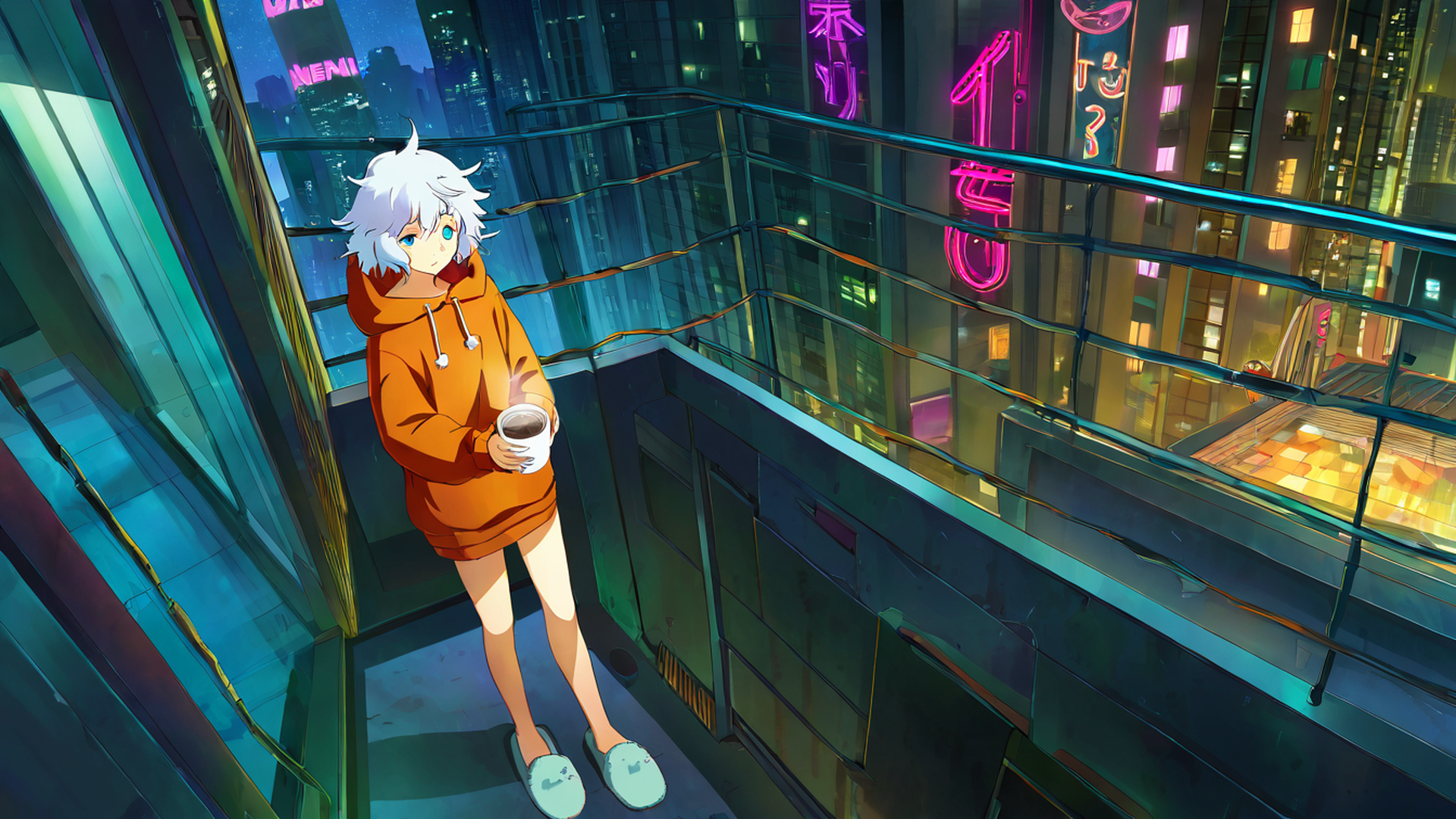 cyberpunk girl balcony lofi wallpaper