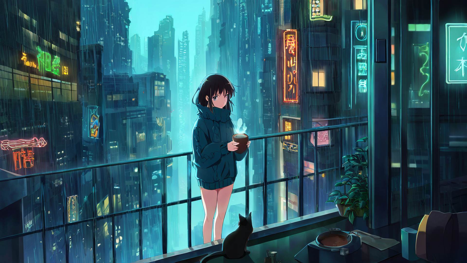 cyberpunk girl balcony lofi wallpaper