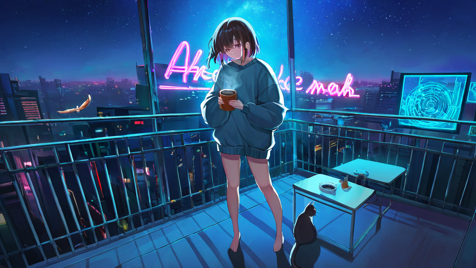 cyberpunk girl balcony lofi wallpaper