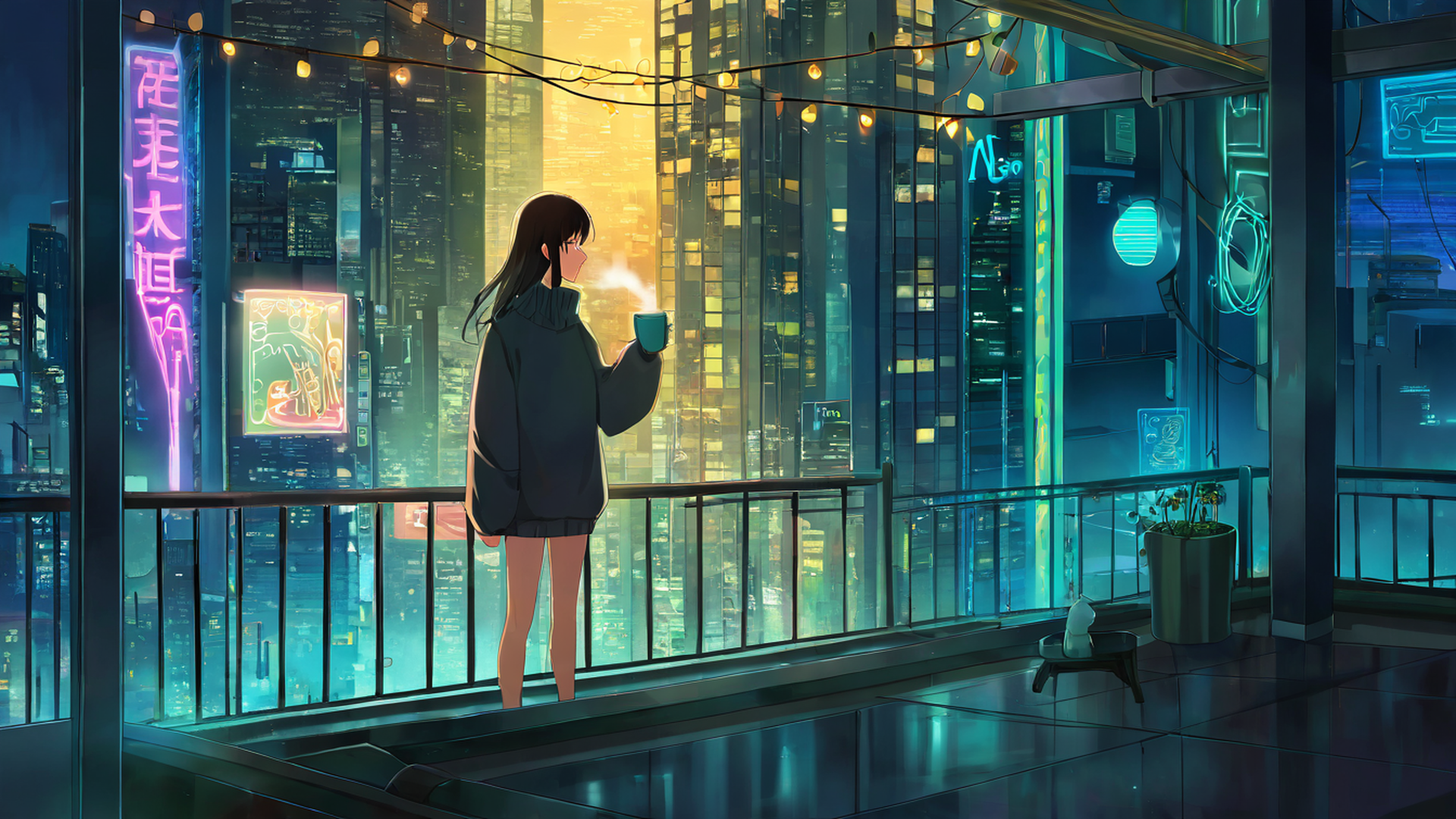 cyberpunk girl balcony lofi wallpaper