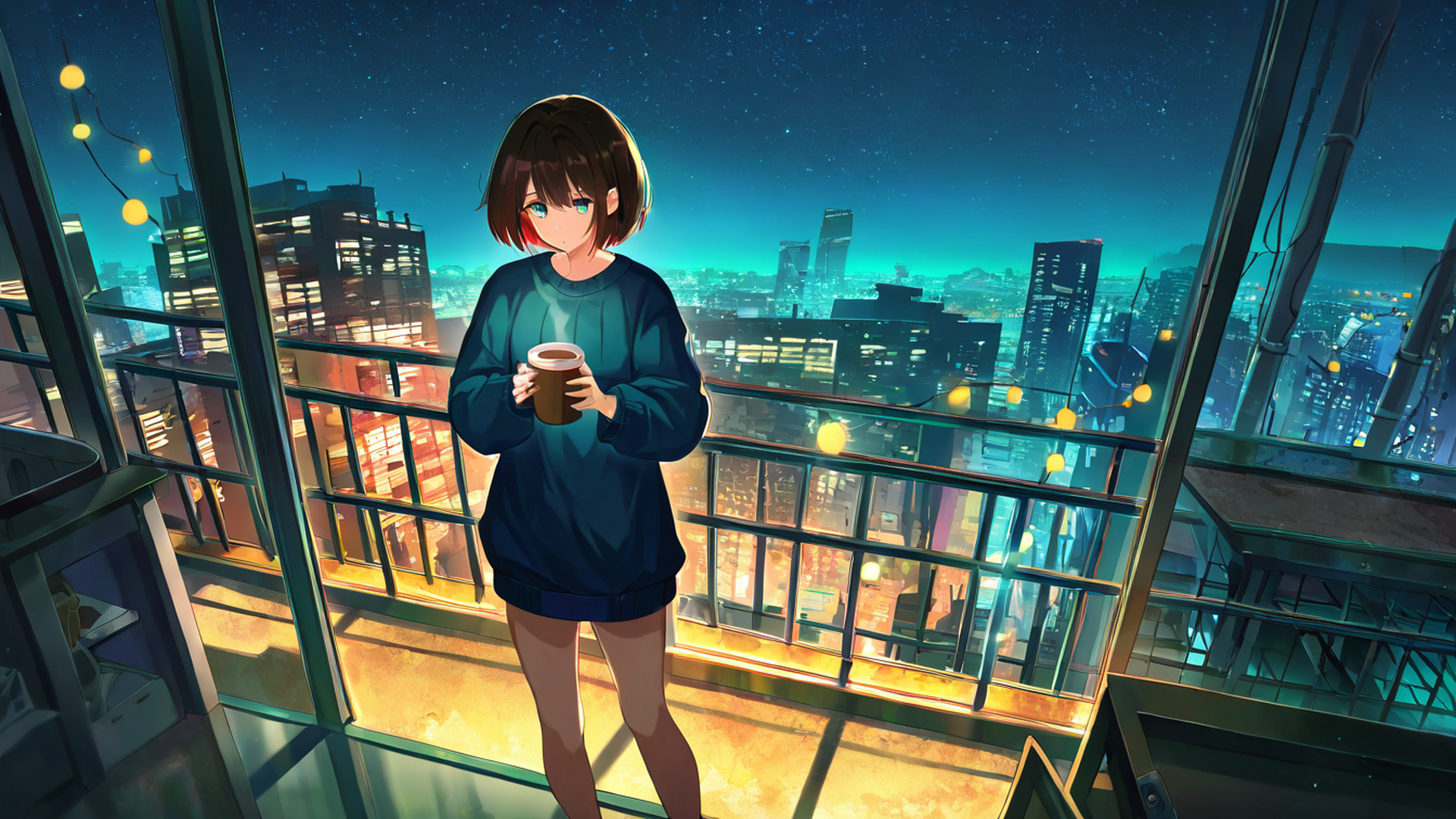 cyberpunk girl balcony lofi wallpaper