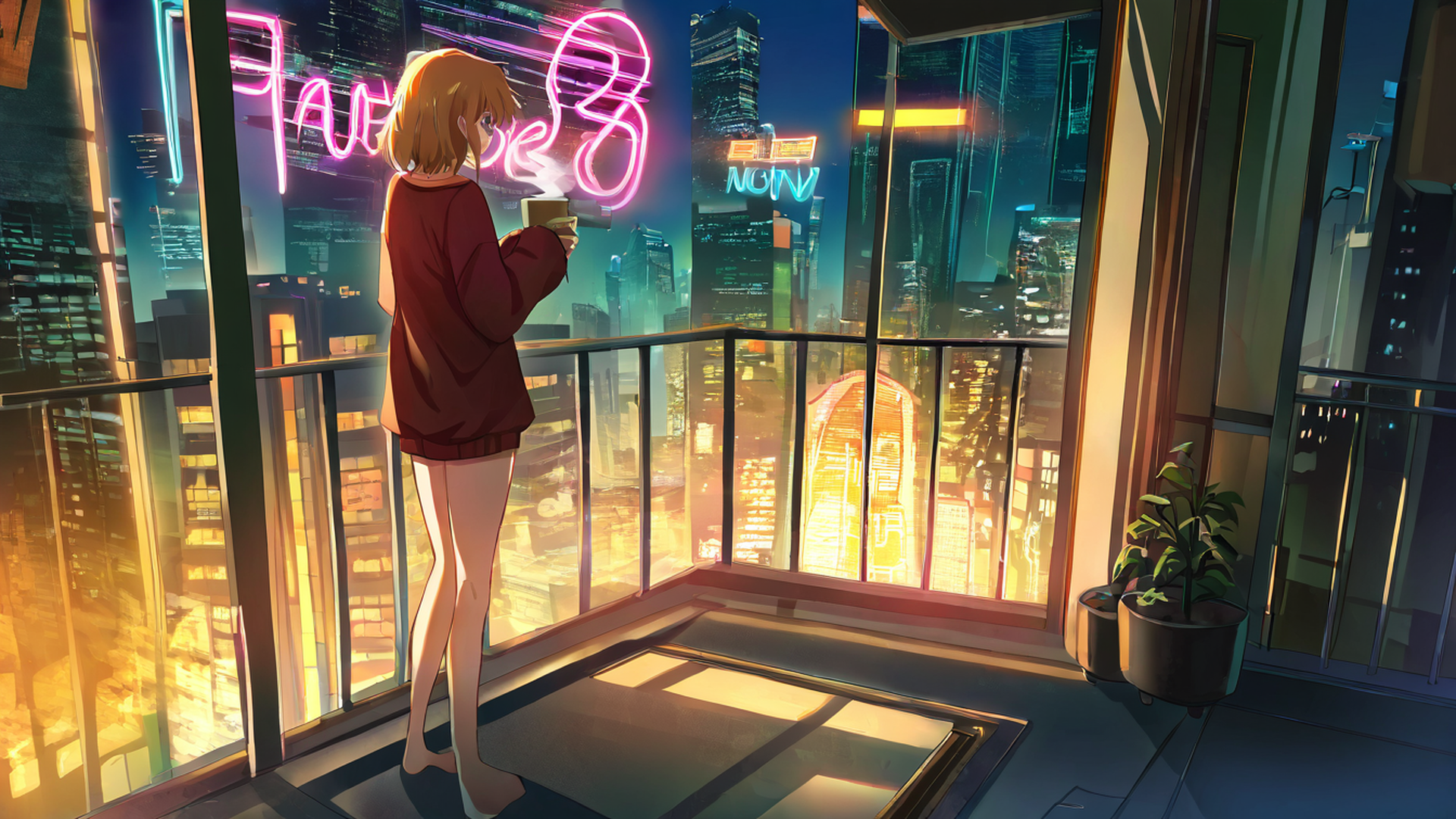 cyberpunk girl balcony lofi wallpaper