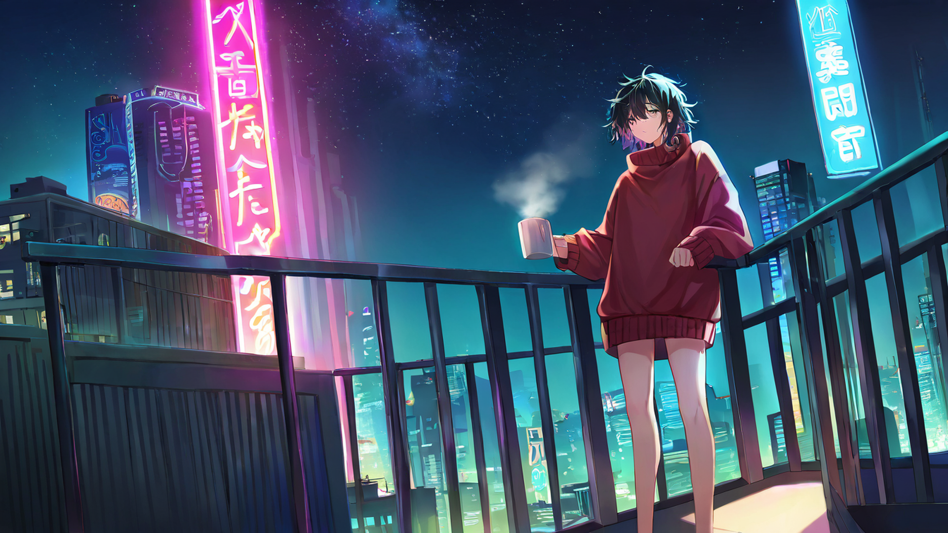 cyberpunk girl balcony lofi wallpaper