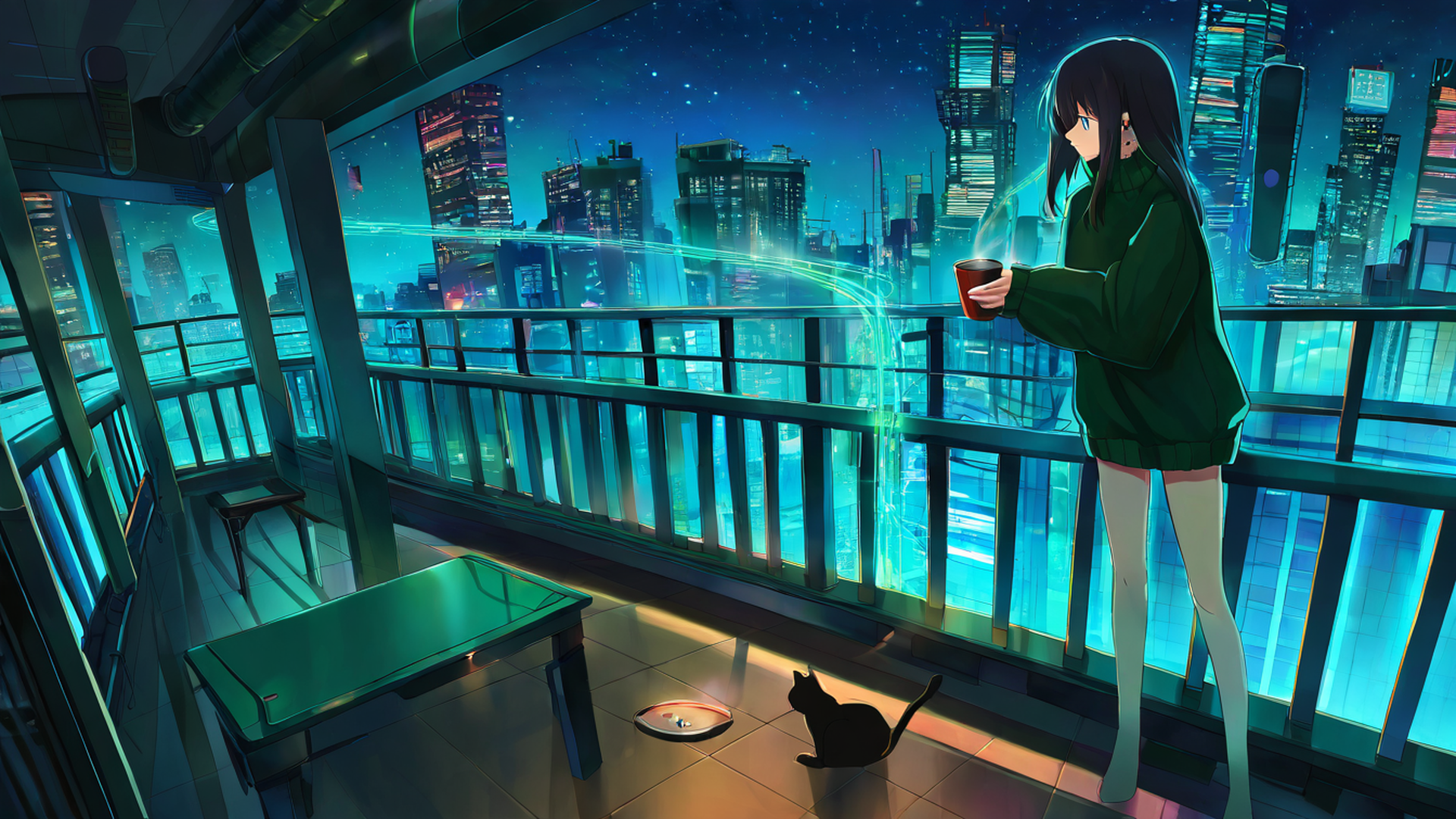 cyberpunk girl balcony lofi wallpaper