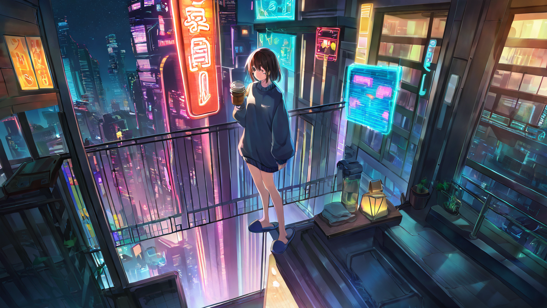 cyberpunk girl balcony lofi wallpaper