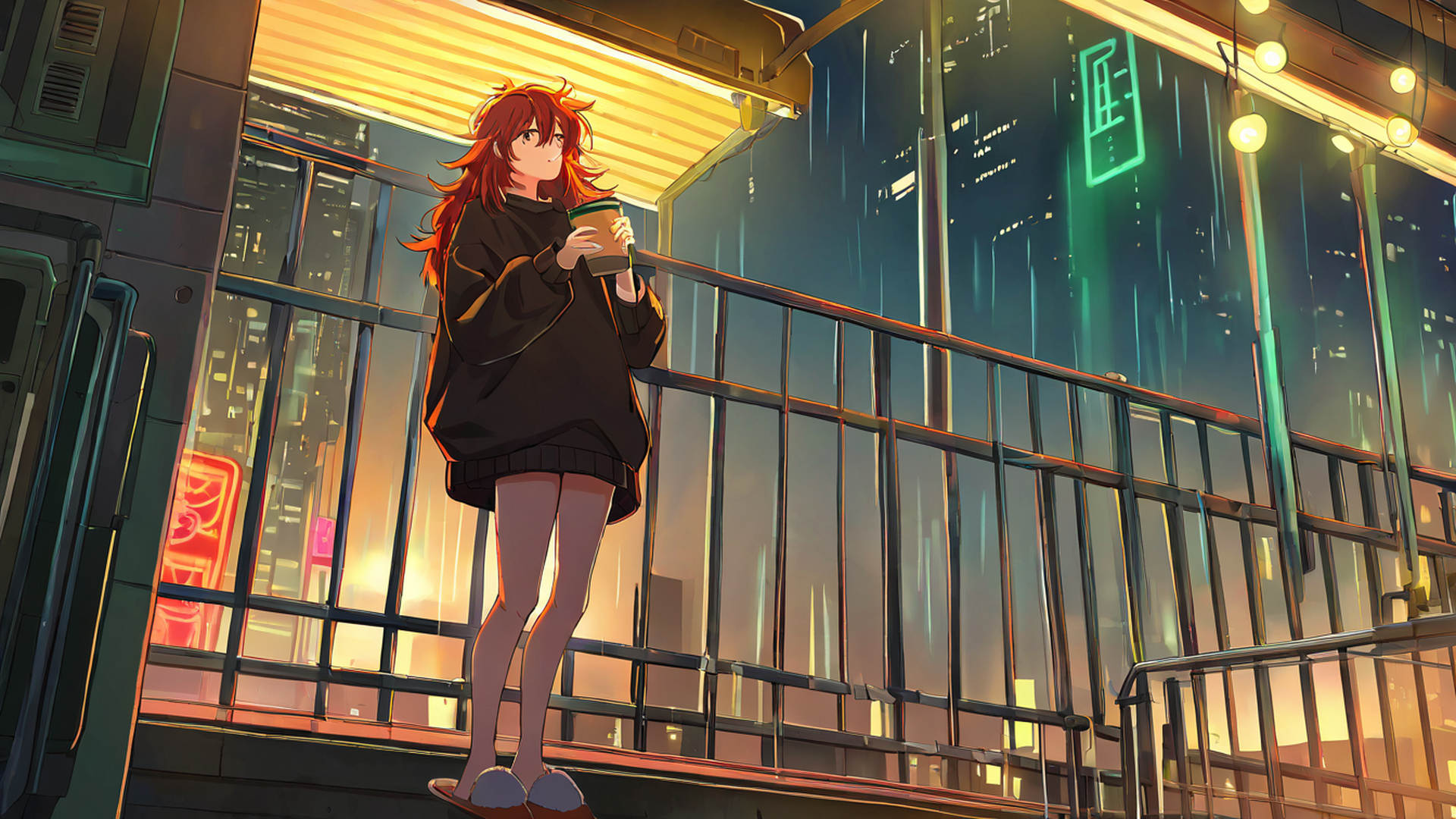 cyberpunk girl balcony lofi wallpaper